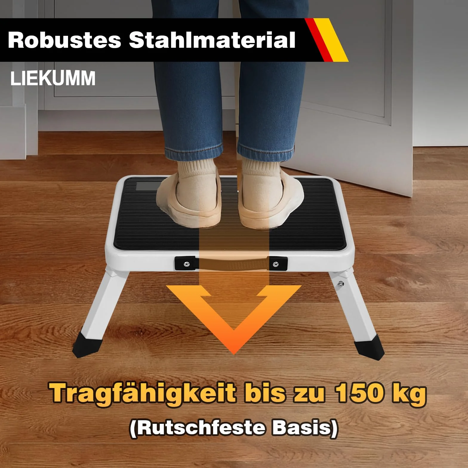 LIEKUMM Składany taboret do schodków o wysokości 18 cm, udźwig 150 kg, składany taboret z uchwytem, antypoślizgowy stopień do domu, kuchni, łazienki i kampera, biały
