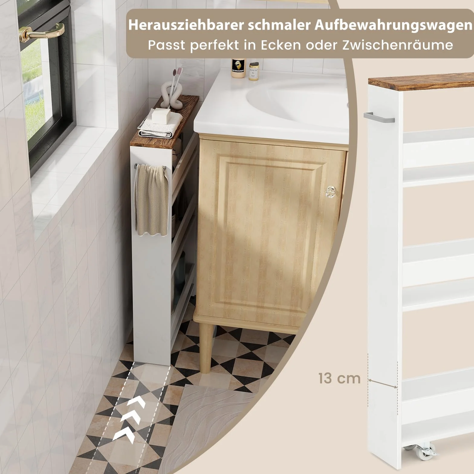COSTWAY Wózek wnękowy o szerokości 13 cm, 4 poziomy, wózek kuchenny, wąski, regał wnękowy na kółkach, wózek do serwowania z uchwytem i poręczami, regał łazienkowy, do kuchni, łazienki, 47,5 x 13 x