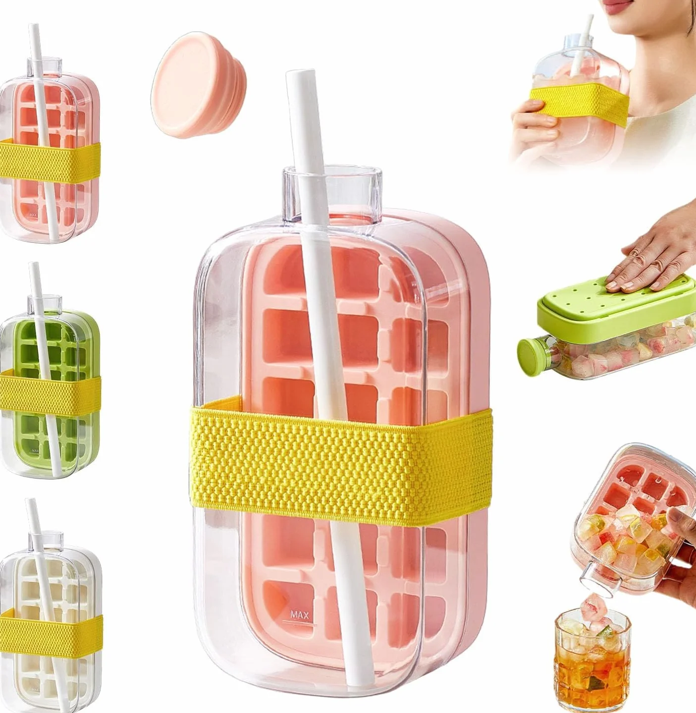 My Crush Cup Ice - Łatwe wydostawanie lodu, 2-w-1 chłodząca butelka z przyciskiem bez dotykania, letni kubek z słomką, butelka na kostki lodu, przenośna tacka na kostki lodu na zewnątrz do robienia