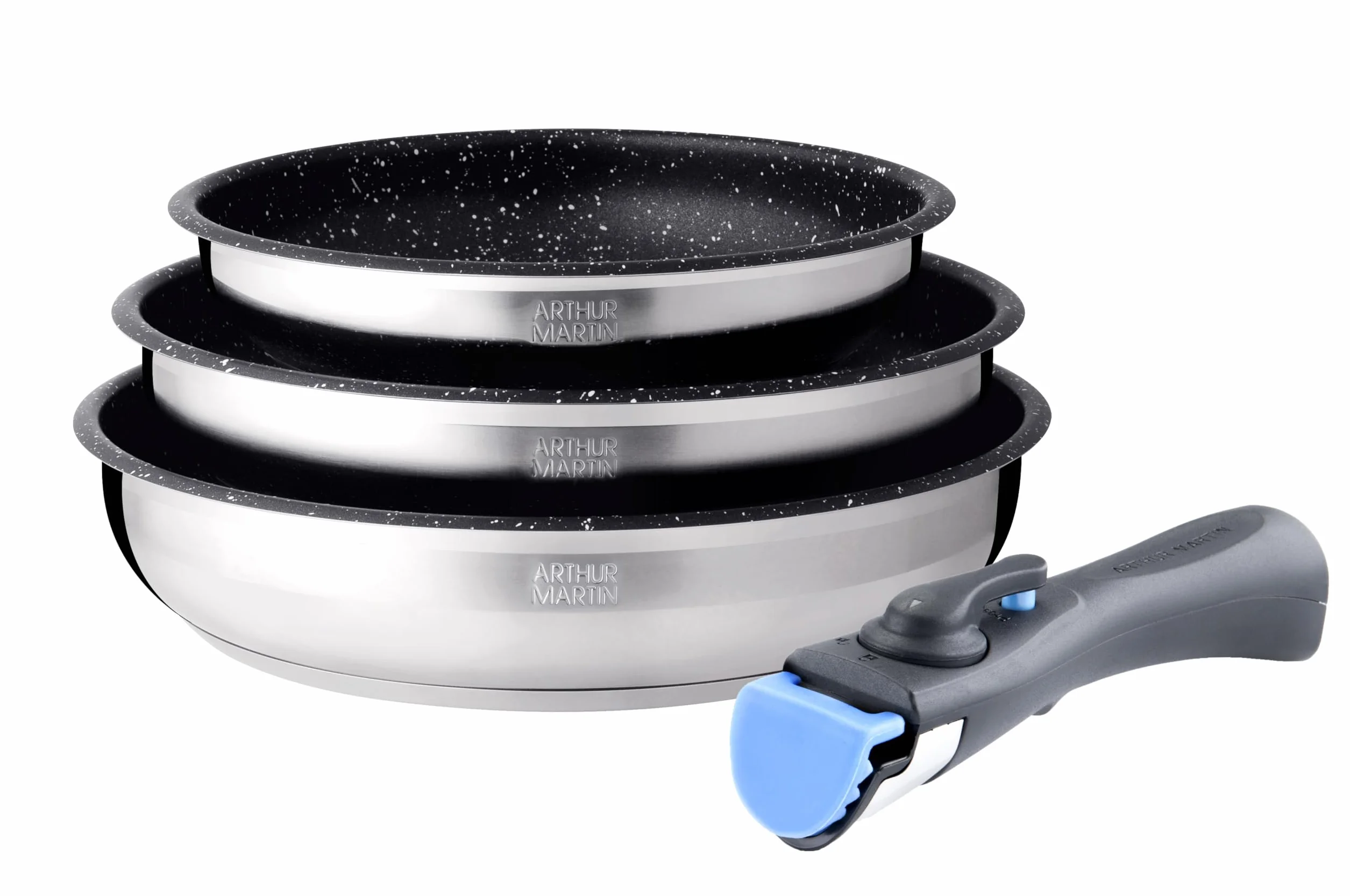 Zestaw 3 patelni Arthur Martin AM9728 ze stali nierdzewnej, powłoka nieprzywierająca, odpinany uchwyt, 20-24-26 cm