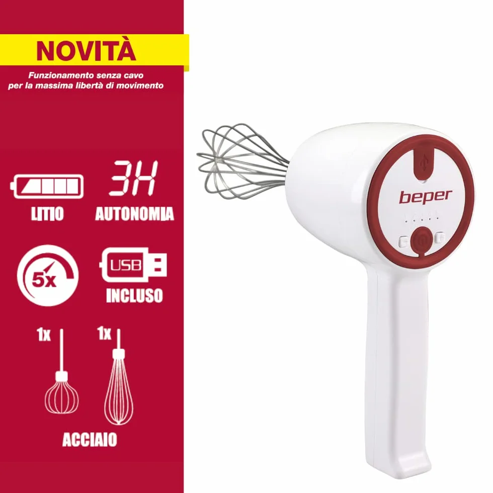 BEPER P102SBA007 Mikser ręczny 20 W 2 baty stal nierdzewna 5 prędkości USB
