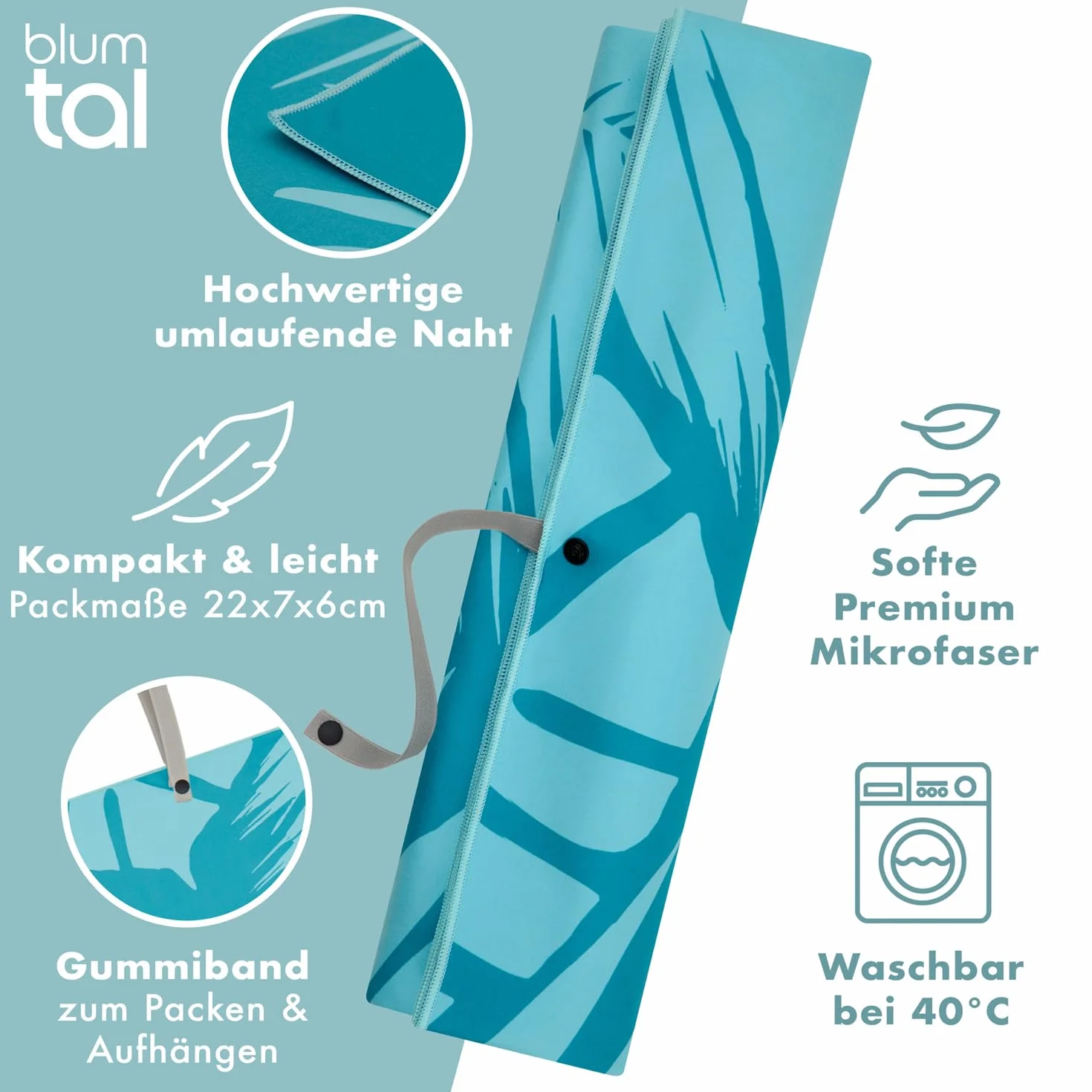 Blumtal Strandhandtuch 90x180cm aus Mikrofaser - kompaktes und schnelltrocknendes Handtuch/Strandtuch xxl - Stranddecke sandfrei mit Band - Badetücher schnelltrocknend mit türkisem Palmen-Motiv