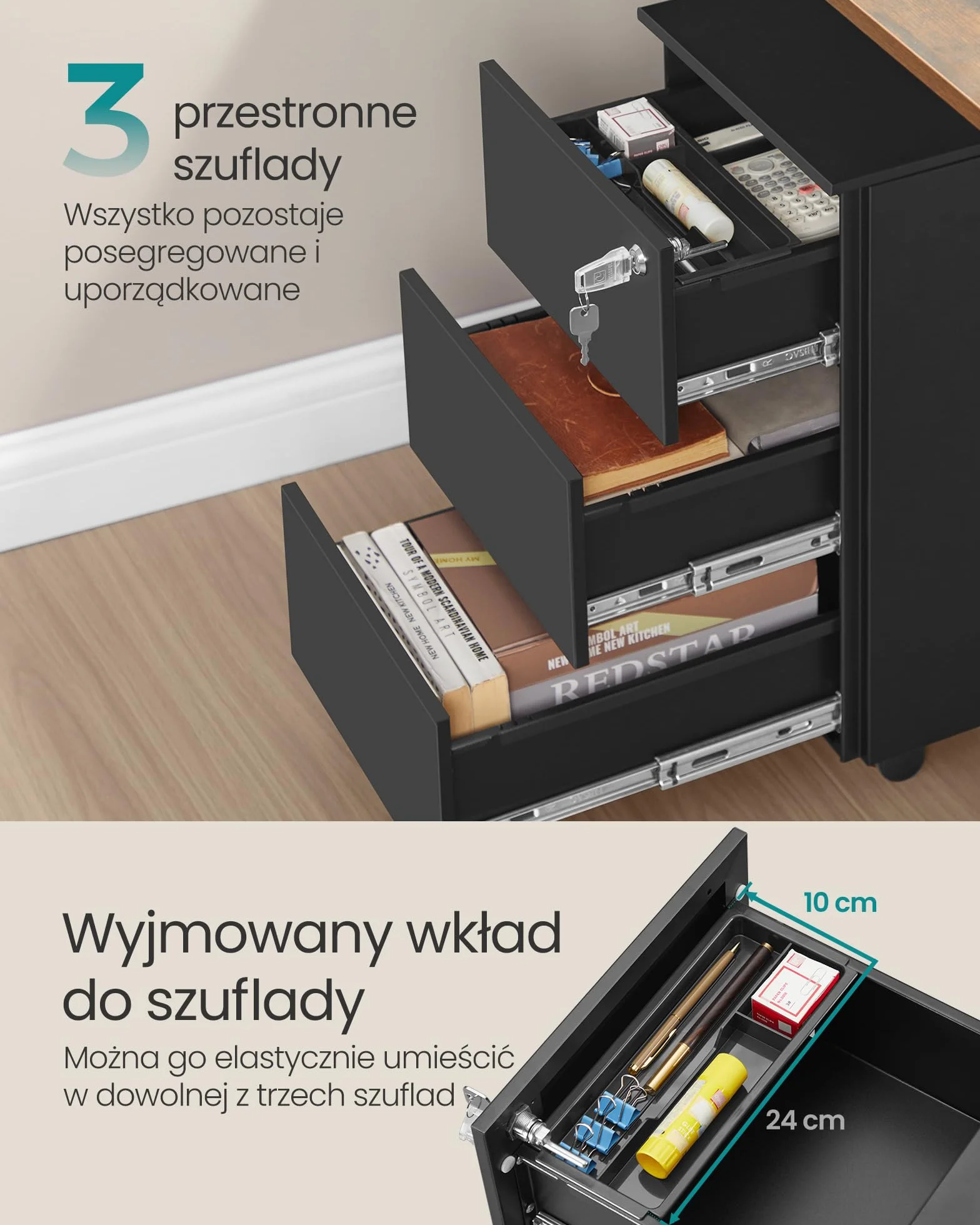 SONGMICS Szafka z szufladami, Mobilna szafka na dokumenty, Szafka metalowa, Stół pod drukarkę, Zamykana, 3 szuflady, Wstępnie zmontowana, Biuro, Biuro domowe, 40 x 30 x 54 cm, Matowa czerń OFC079B01