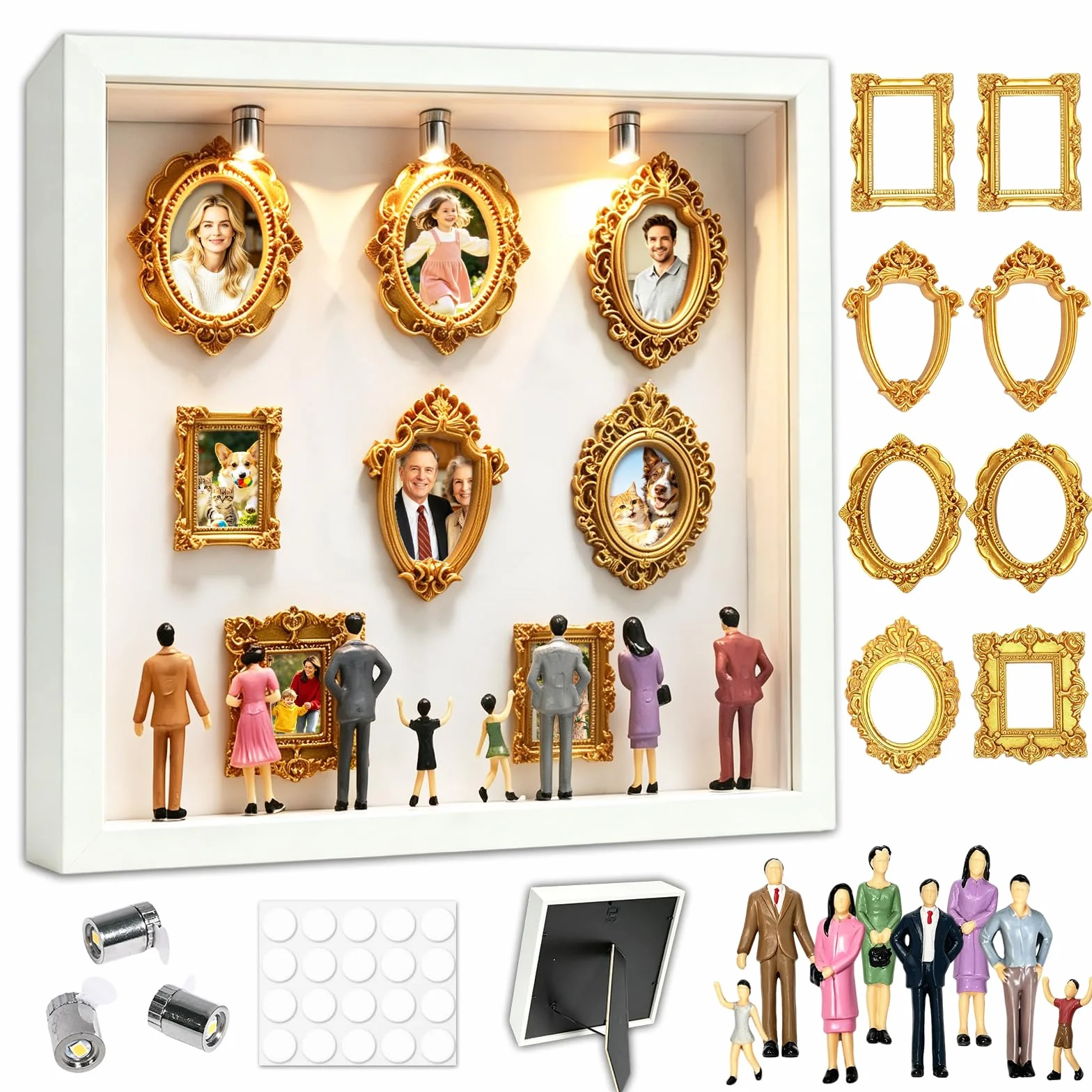 Mini muzeum "zrób to sam", zestaw z 8 mini ramkami i 8 losowymi figurkami, kreatywna ramka na zdjęcia ze światłem LED na rocznicę, wesele, dekoracja domu (biała)