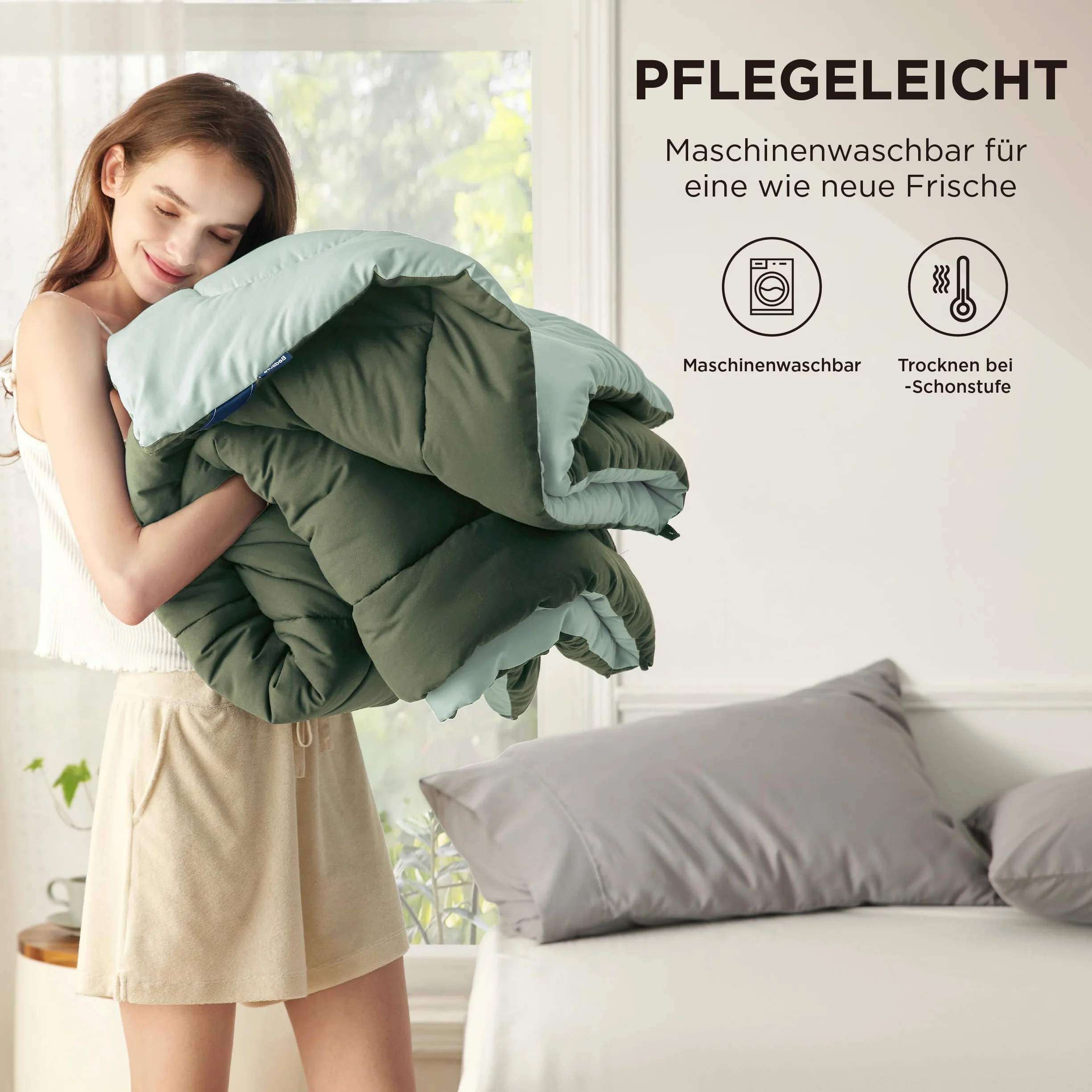 BEDSURE Kołdra pikowana, 200 x 200, całoroczna, Steppdecke - kołdra bez obicia 200x200cm, gramatura 300 g/m², na 4 pory roku, dwustronna, brązowo-zielona/lodowoniebieska, miękka, ciepła, nadaje się
