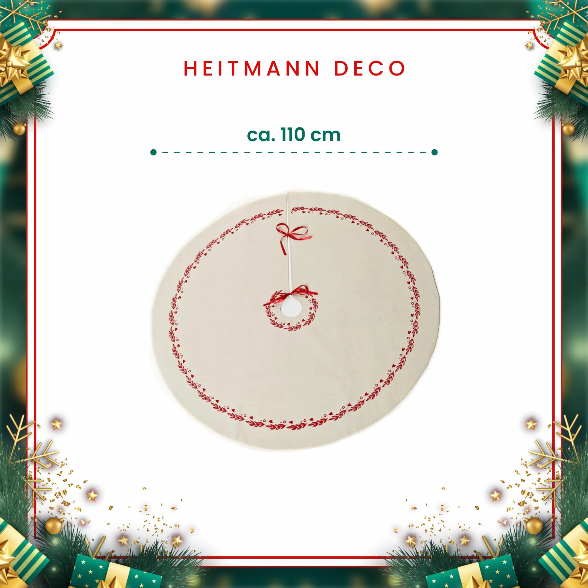 HEITMANN DECO - Okrągły lniany koc na choinkę – ochrona przed igłami – podkładka pod choinkę – Boże Narodzenie – biały, czerwony