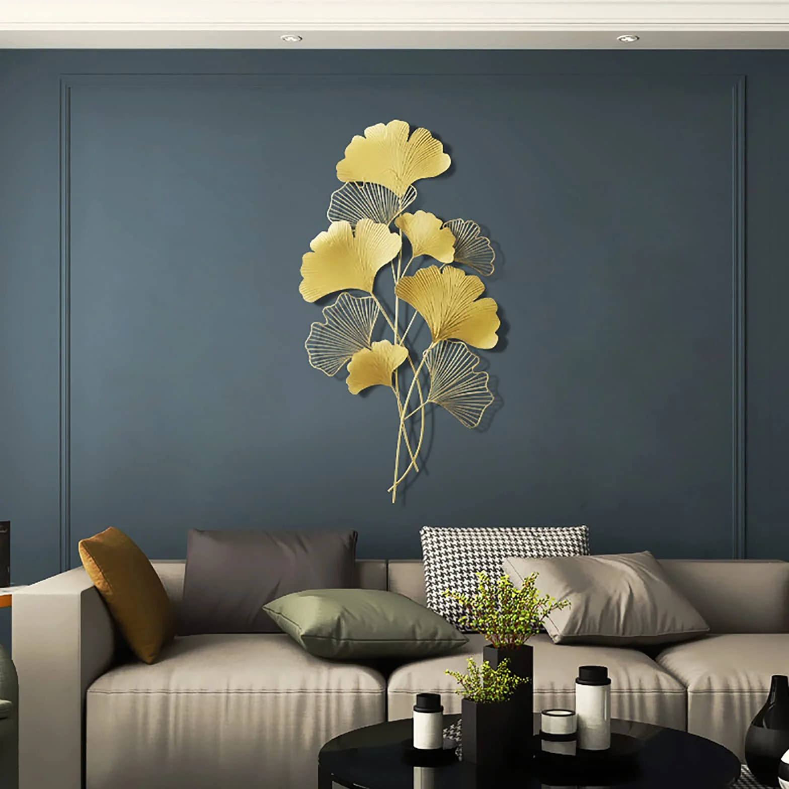 SanBouSi Ginkgo 3D, metalowa dekoracja ścienna, liście, dekoracja ścienna, tło ścienne, dekoracja ścienna do salonu, złota, 110 x 55 cm