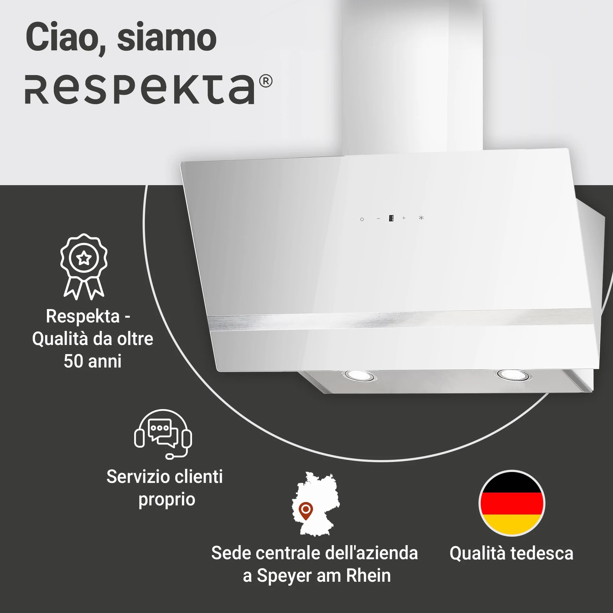Respekta Okap wyspa bez kaptura/okap skośny 80 cm/metalowa rama z białym szklanym kloszem/funkcja wylotu i cyrkulacji powietrza/CH24080WM / A / 65 – 70 dB