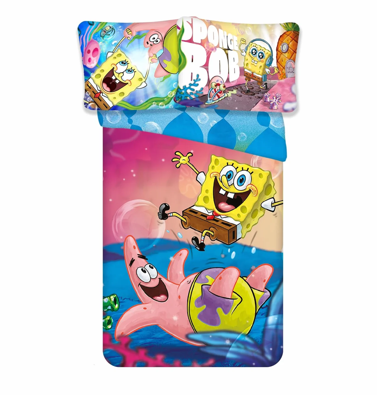 Komplet pościeli SpongeBob 100% bawełna, dwustronna poszwa na kołdrę 140x200 cm + poszewka na poduszkę 65x65 cm, z Bobem i Patrickiem