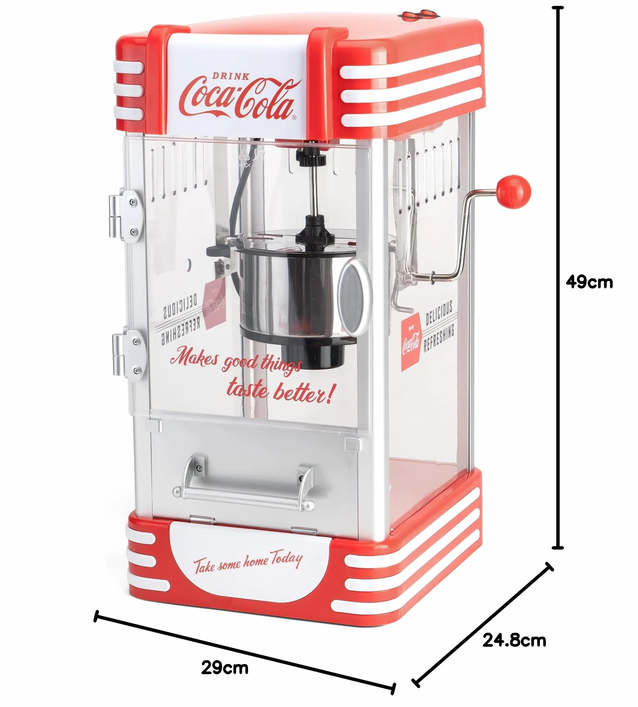 Salco Coca-Cola maszyna do popcornu – urządzenie do robienia popcornu w stylu retro w kolorze czerwonym (lata 50-tete), styl kinowy, czajnik ze stali nierdzewnej z powłoką zapobiegającą przywieraniu,