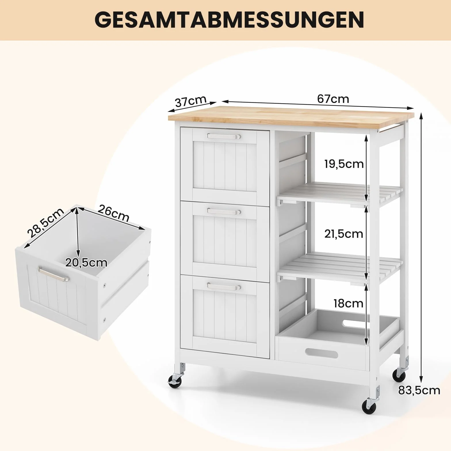 COSTWAY Wózek Kuchenny z Tacą 2 Poziomy 3 Duże Szuflady Regał Magazynowy Wyspa Kuchenna z Drewna Kauczukowego i Sosnowego 67x37x82,5 cm