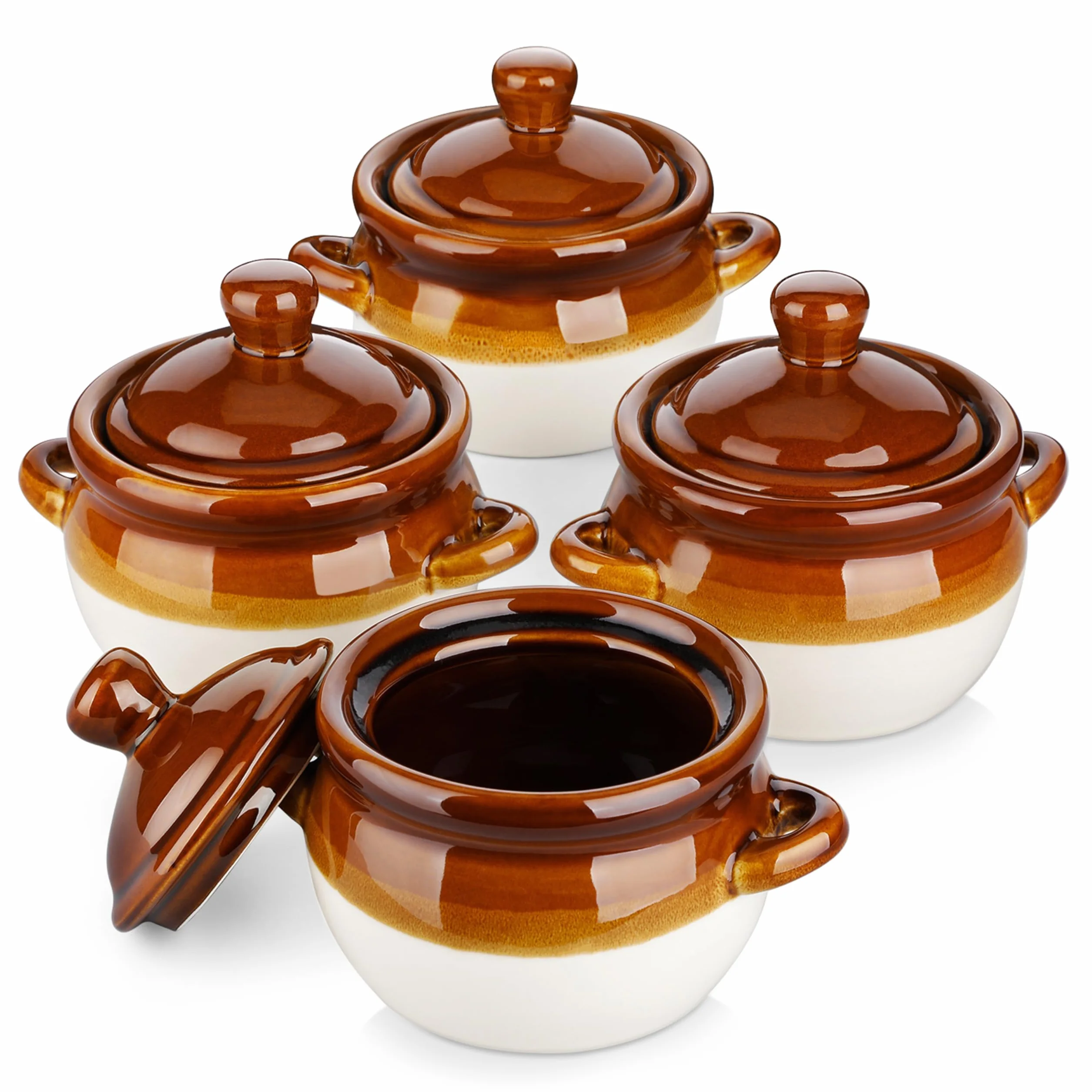 LOVECASA Francuskie miski do zupy cebulowej z uchwytami, pokrywkami i serwowania, ceramiczne, nadają się do piekarnika, chili, gulasza wołowego, płatków, lasagne, 4 szt.