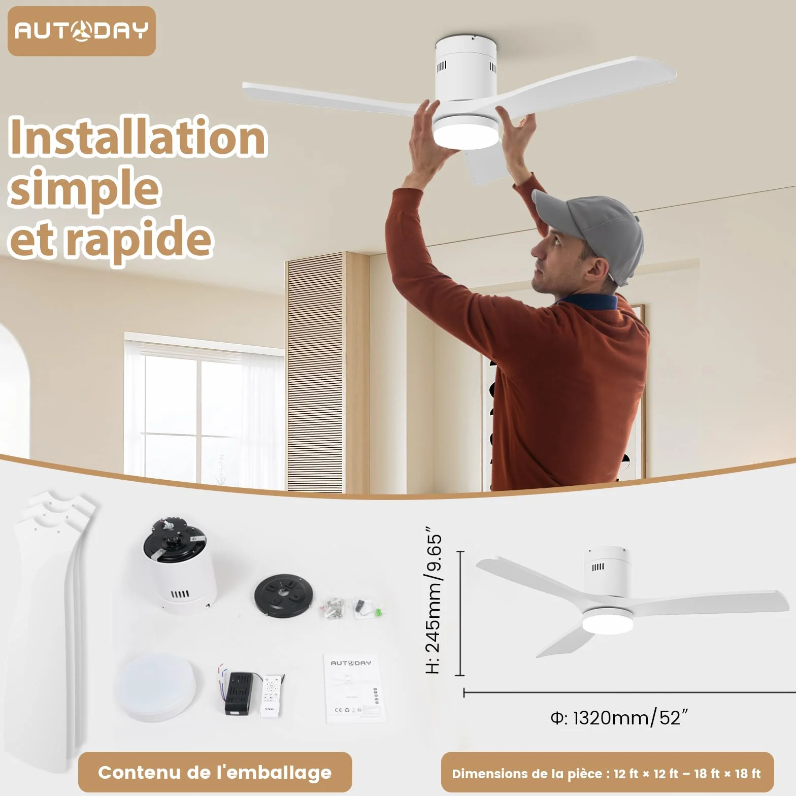 Drewniany wentylator sufitowy z oświetleniem, ściemnialne LED 24 W, cichy silnik DC 38 W, 132 cm, drewniany wentylator sufitowy z pilotem zdalnego sterowania z funkcją pamięci, 6 prędkości