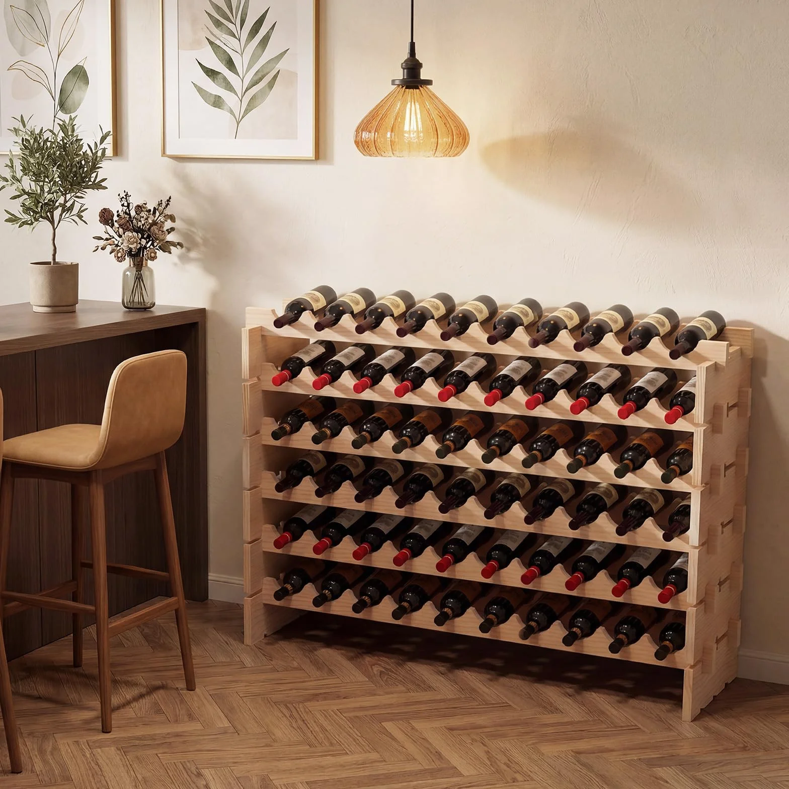 GIANTEX Stojak na wino z drewna sosnowego na 60 butelek, wolnostojąca półka 6 poziomów, 101 x 29 x 73 cm, układany w stos uchwyt na butelki do piwnicy, baru, jadalni, naturalny