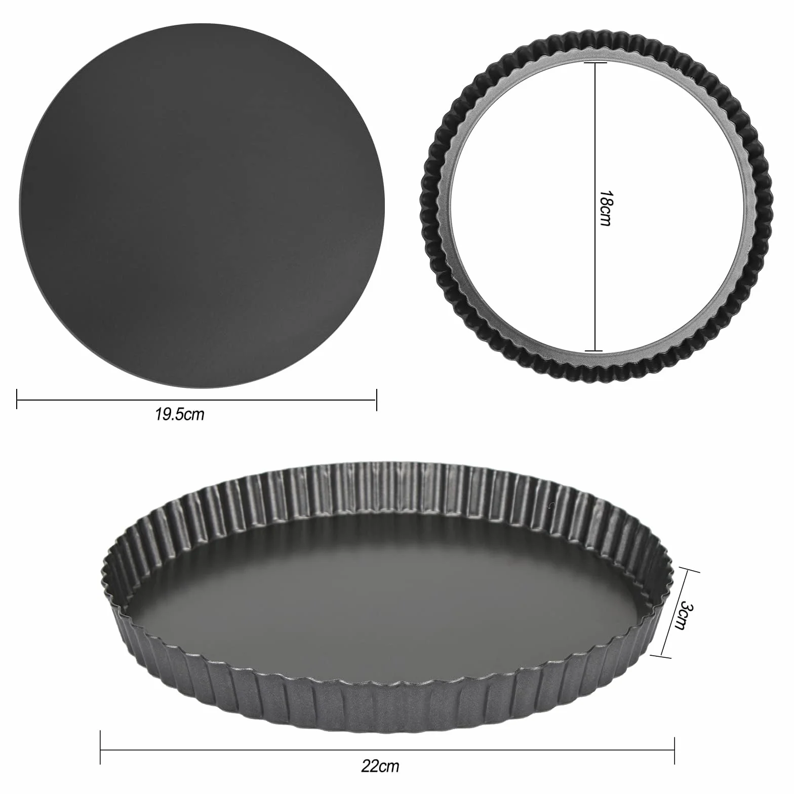 O-Kinee Nieprzywierająca patelnia Quiche, Quiche i Ciasta ze zdejmowaną podstawą, foremką do ciasta i rowkami (22 cm)