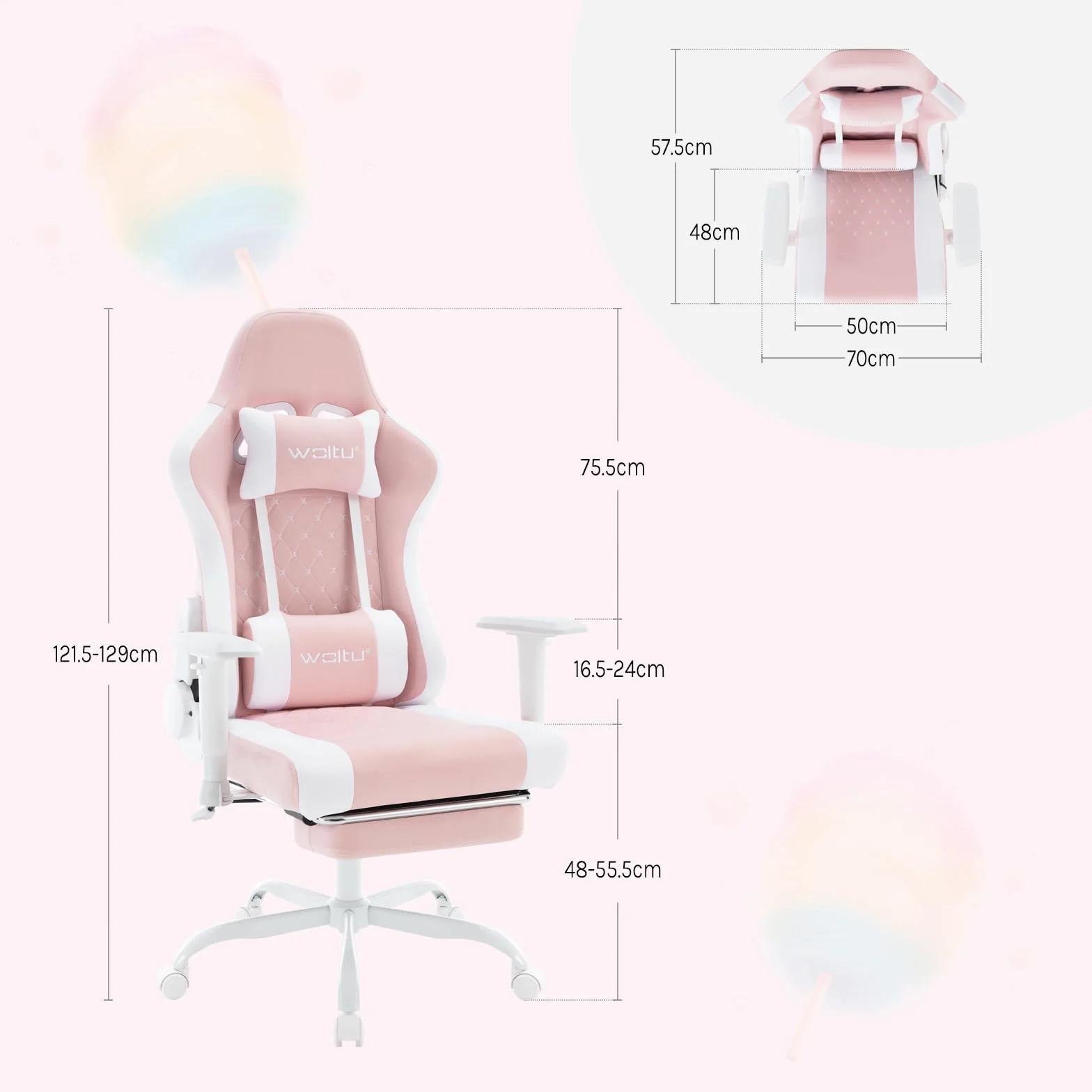 WOLTU Fotel dla Graczy z Masażem, Ergonomiczne Krzesło Biurowe z Zagłówkiem i Podparciem Lędźwiowym, Odchylany, 150 kg, Tkanina Siatkowa, Różowy + Biały, GS14rsw