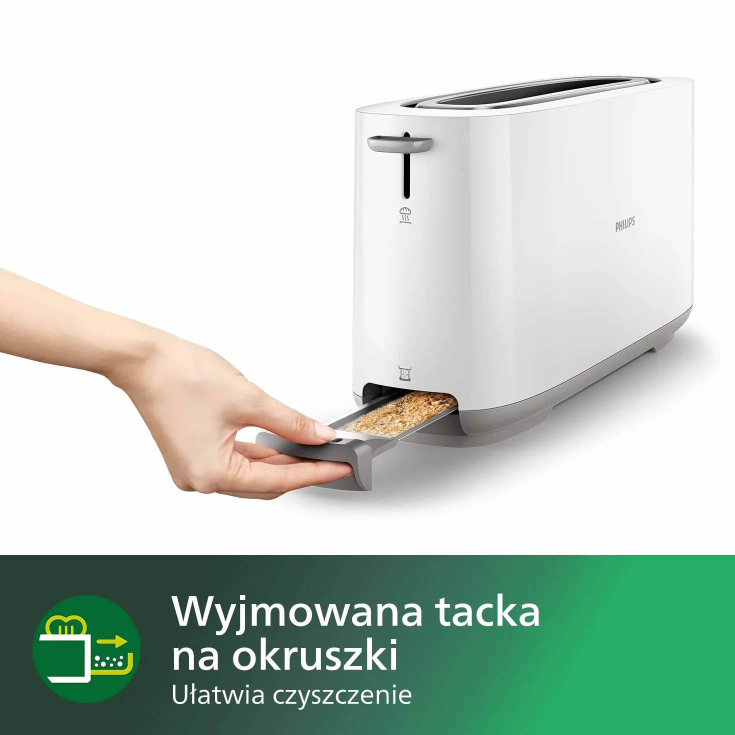 Philips Toster - Długi otwór, 8 Poziomów opiekania, Ruszt do bułek, Funkcja rozmrażania, Obudowa Cool Touch, Wysoki podnośnik, Automatyczne wyłączanie, Biały (HD2590/00)