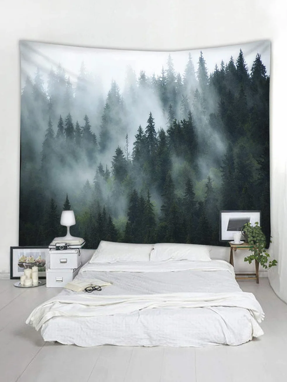 YISURE Misty Gobelin leśny, Gobelin ści enny Mgliste Drzewo, Duży Gobelin Natura Sosna Las Sztuka ścienna do sypialni Salon, 91"W x 71"L