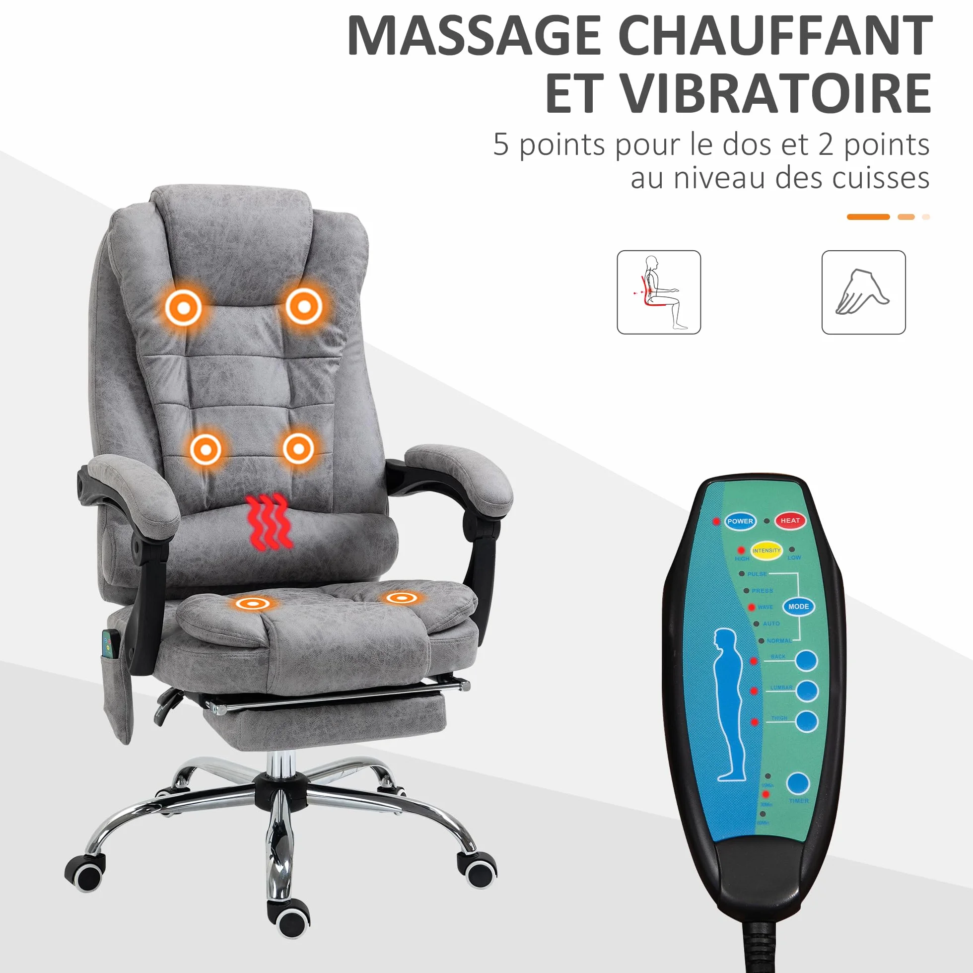Vinsetto Fotel biurowy do masażu i ogrzewania, ergonomiczne krzesło biurowe z regulacją wysokości, odchylane oparcie, podnóżek, pilot przewodowy, obrotowy 360°, tkanina z mikrofibry, szary