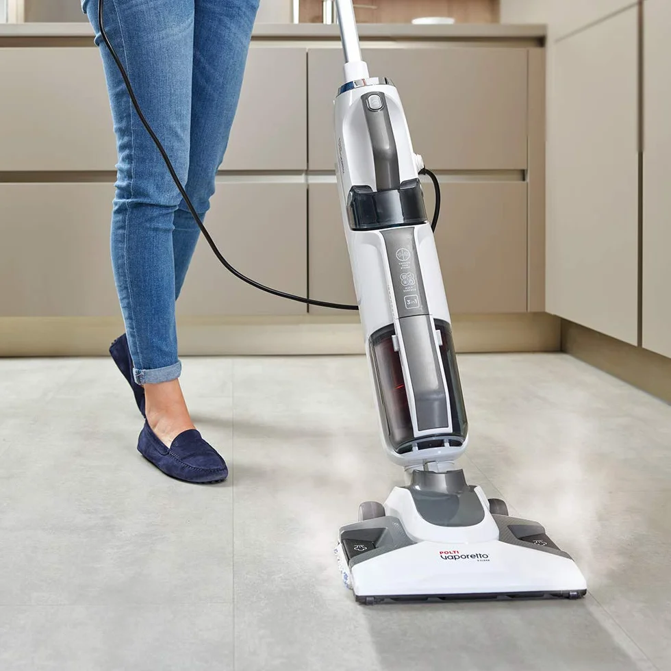 Polti Vaporetto 3 Clean, 3 w 1: mop parowy, odkurzacz bezworkowy i przenośny odkurzacz parowy, 12 akcesoriów w zestawie, 1800 W, biały/szary