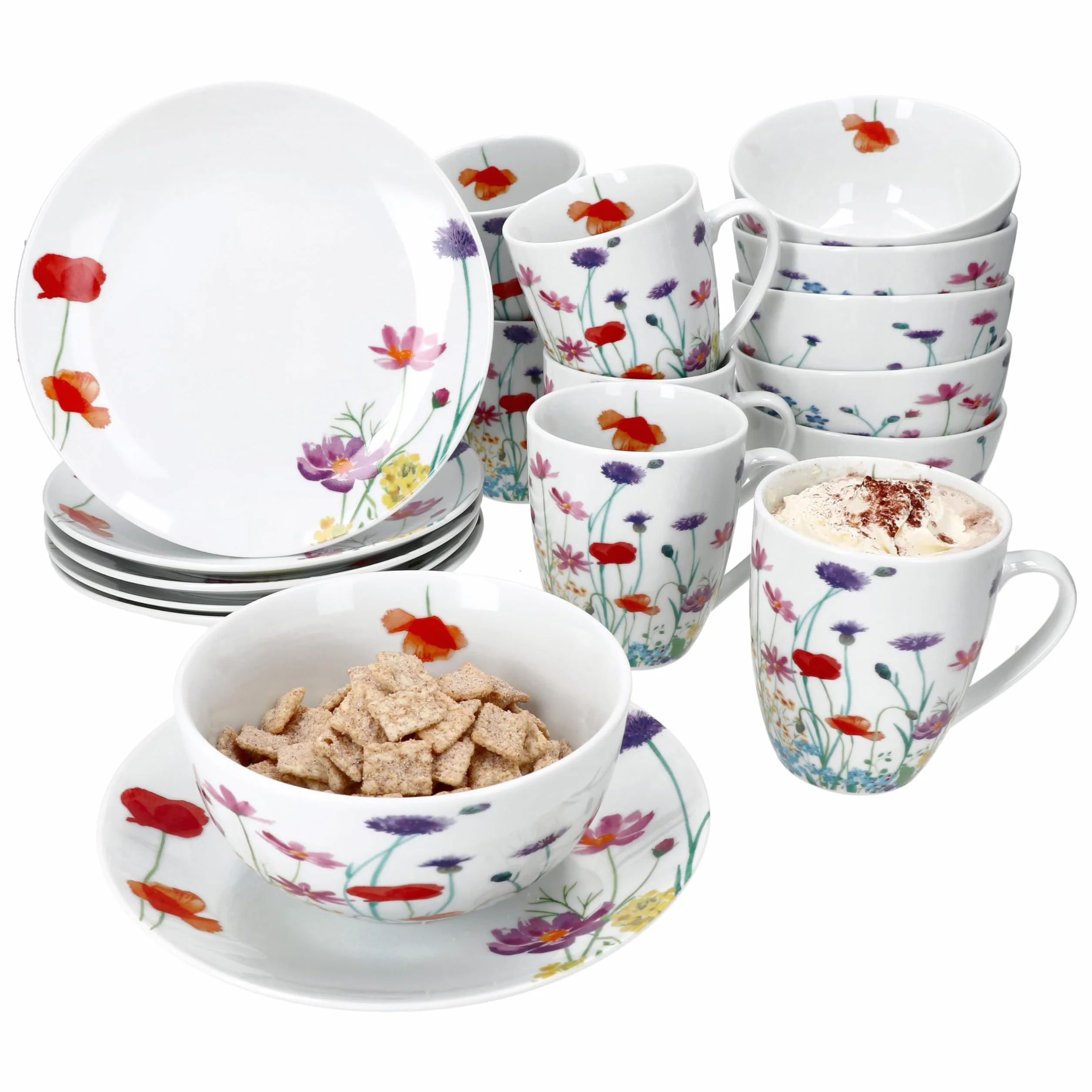 MamboCat Marie 18-częściowy zestaw śniadaniowy, porcelanowe naczynia z dekoracją łąki kwiatowej dla 6 osób, po 6 talerzy, miski 400 ml i kubki 320 ml, na śniadanie i kawę