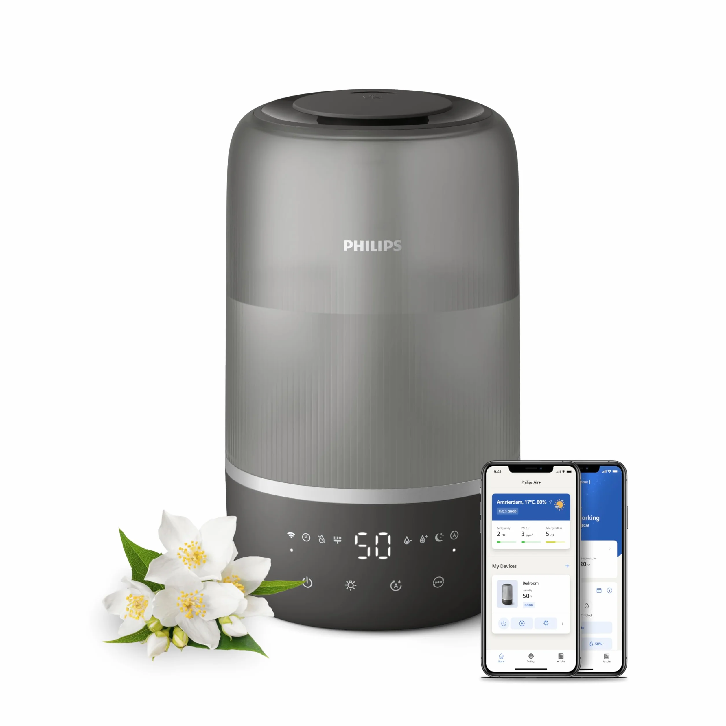 Philips Inteligentny nawilżacz, kompaktowy i mocny, z mgiełką Sky High, czas pracy do 32 godzin, aromaterapia, cichy, z ustawieniem snu i lampką nocną, do pomieszczeń o powierzchni do 41m² (HU1510/03)