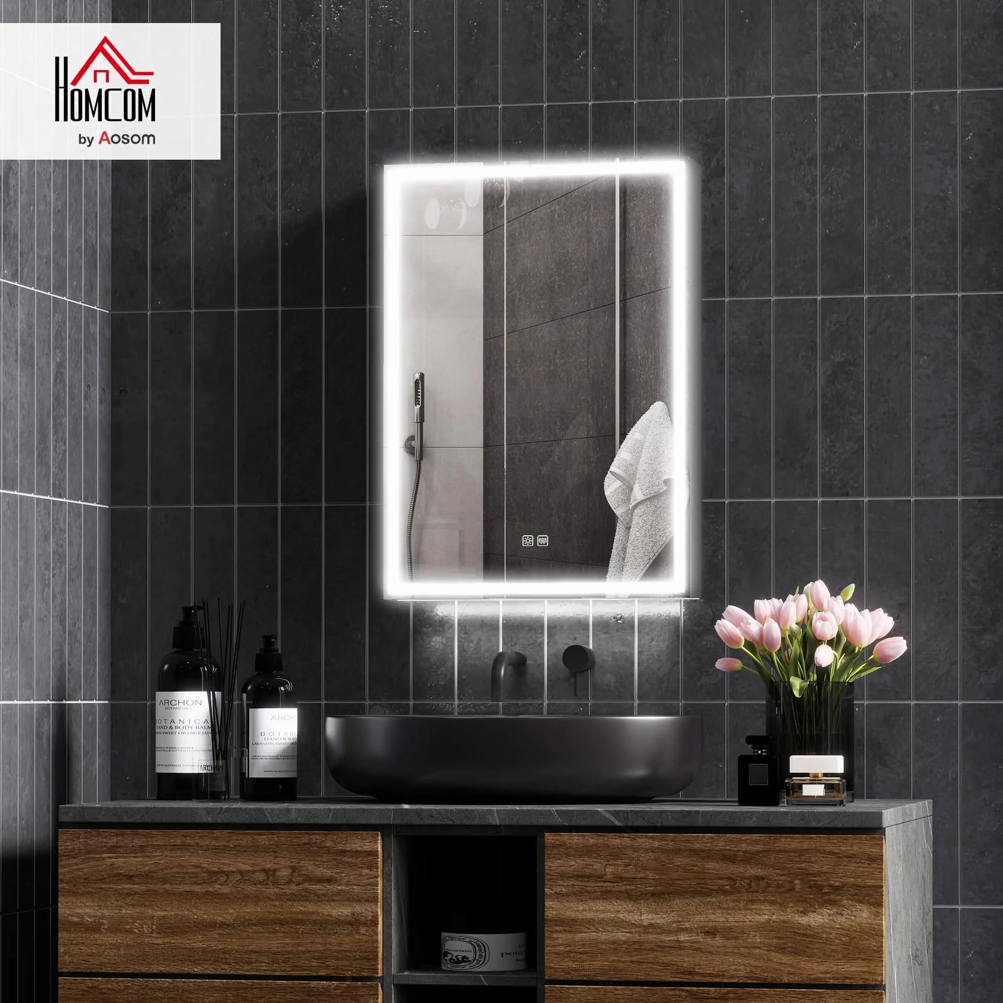 HOMCOM Szafka łazienkowa z lustrem z oświetleniem LED, szafka łazienkowa z lustrem, gniazdko, 50 x 12,8 x 70 cm, szafka wisząca z regulowaną półką, funkcja zapobiegająca zaparowaniu, 3 kolory światła