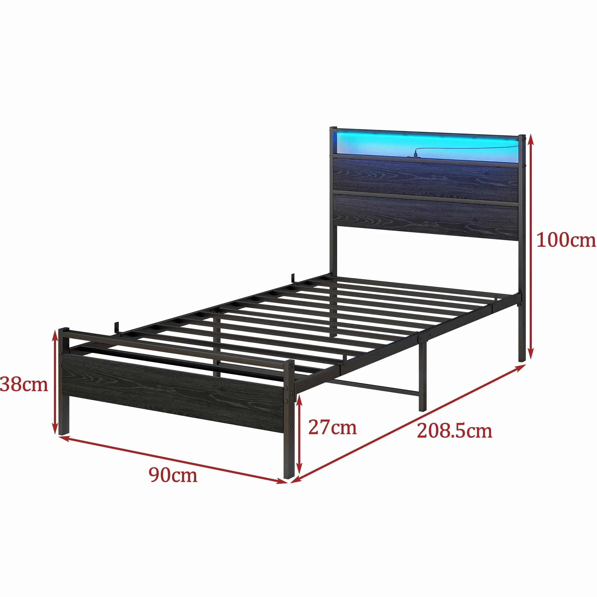 Drewniana rama łóżka ze stacją ładującą i diodami LED, metalowa rama 90 x 200 cm, łóżko pojedyncze 90 x 200 cm, z zagłówkiem i metalowym stelażem, łóżko funkcyjne, łóżko dla gości, łóżko