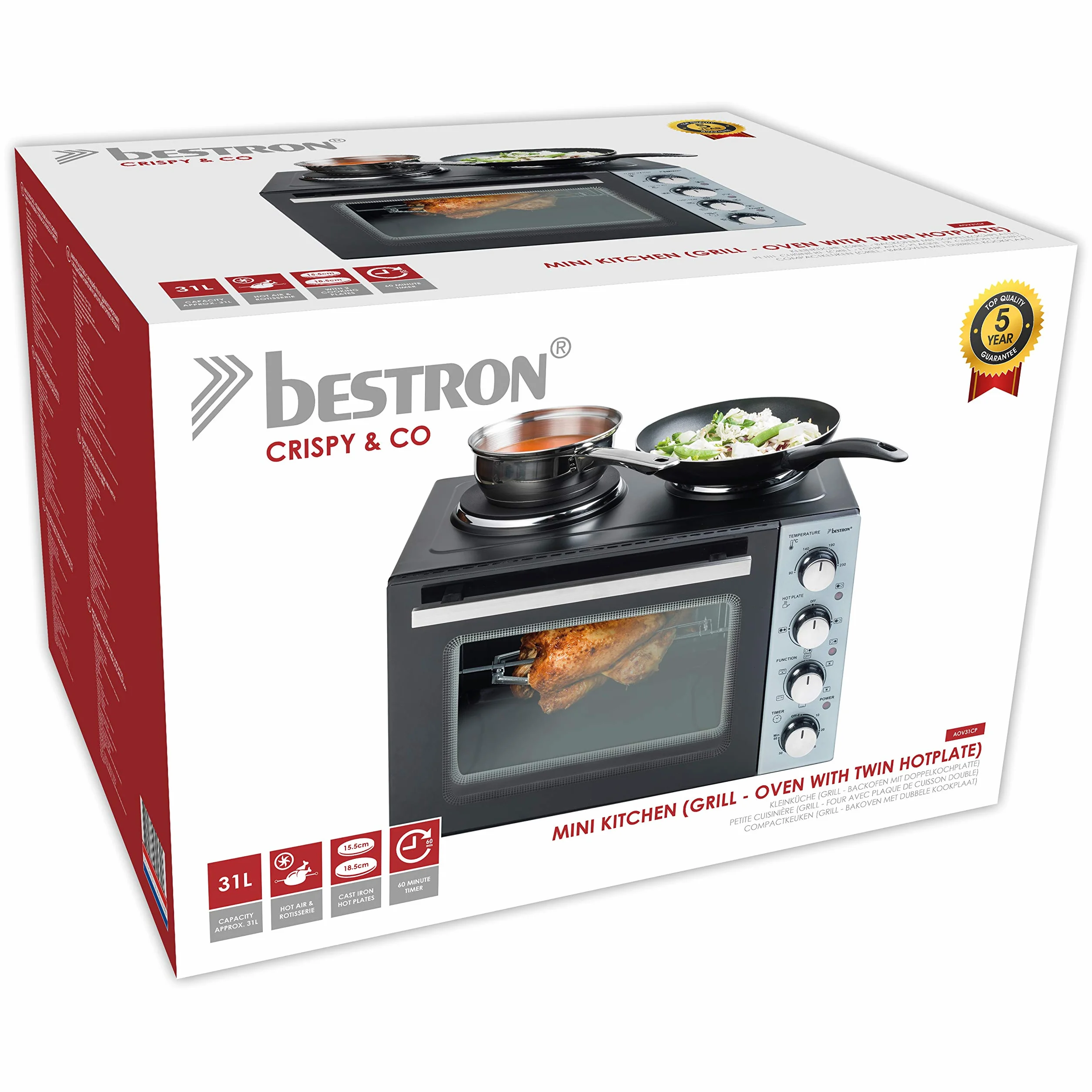 Bestron AOV31CP mała kuchnia, mini piekarnik z podwójną płytą grzewczą, górna/dolna grzałka z funkcją obiegu powietrza do 230°C, 3200 W, czarny