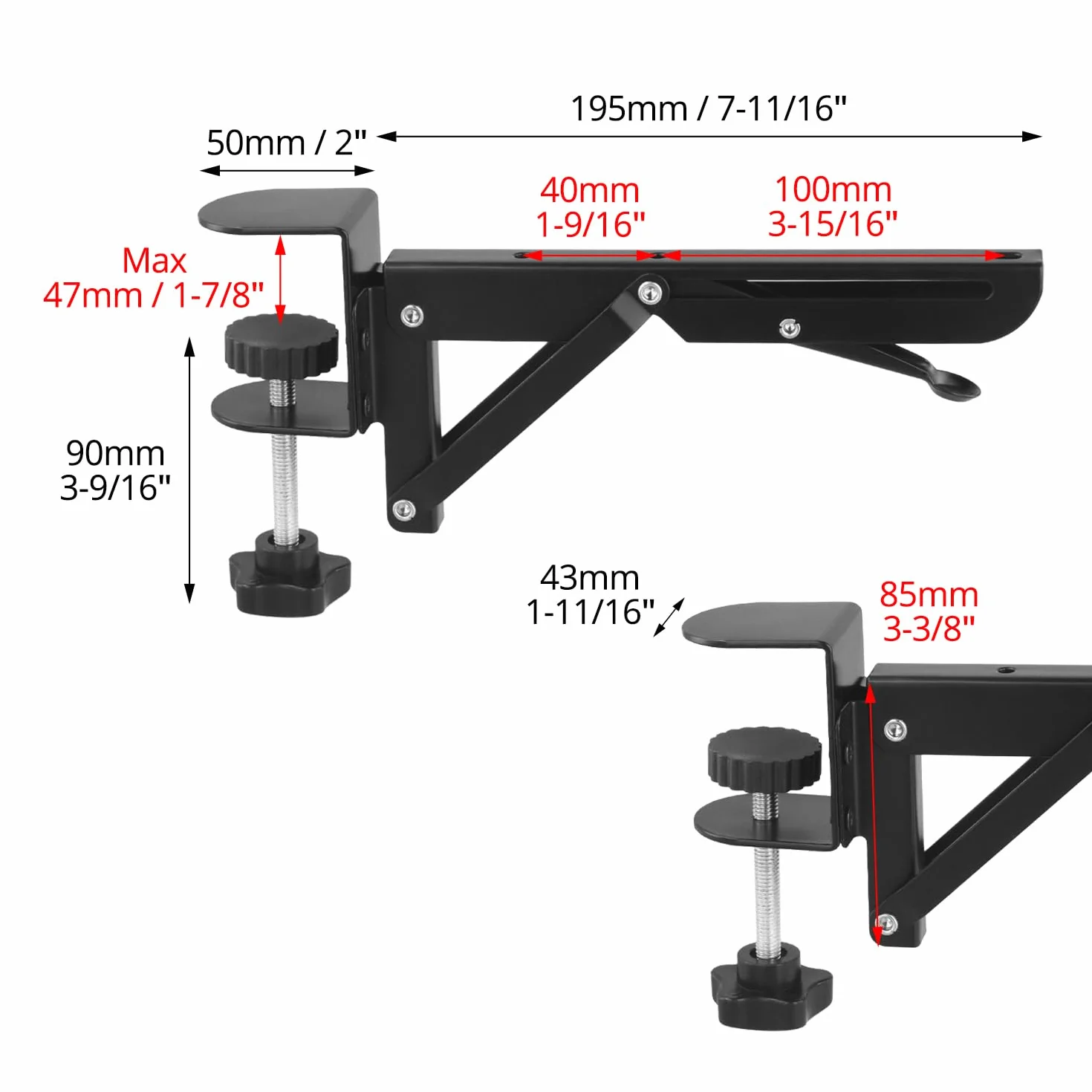 QWORK® zestaw 2 uchwytów przedłużających do biurka z klipsem do montażu na stole, zdejmowany, składany uchwyt na biurko o grubości od 1 do 5 cm