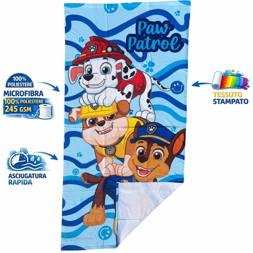 CARTOON Ręcznik plażowy z paw patrolem dla dzieci 70 x 140 cm mikrofibra 100% poliester 245 g/m2 chłonny i szybkoschnący, lekki i kompaktowy, idealny na plażę i basen Design pościg Marshall Rubble