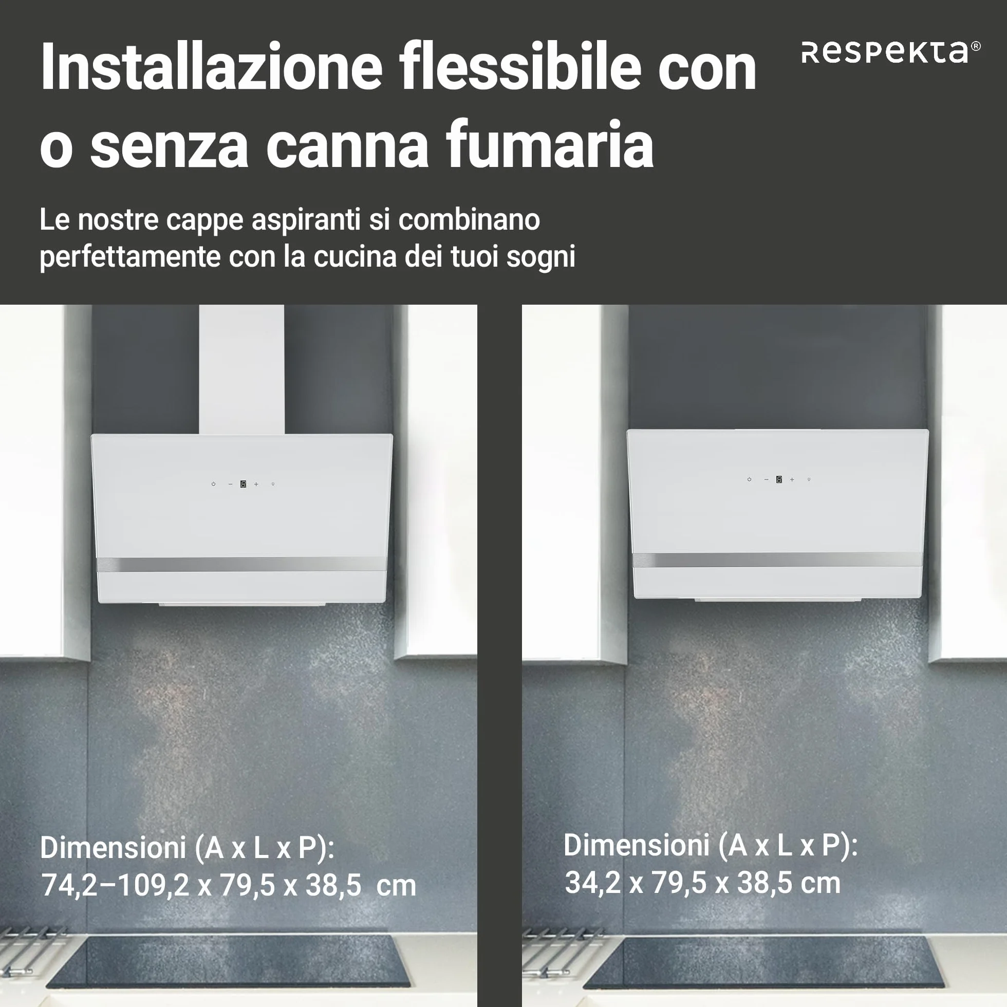 Respekta Okap wyspa bez kaptura/okap skośny 80 cm/metalowa rama z białym szklanym kloszem/funkcja wylotu i cyrkulacji powietrza/CH24080WM / A / 65 – 70 dB