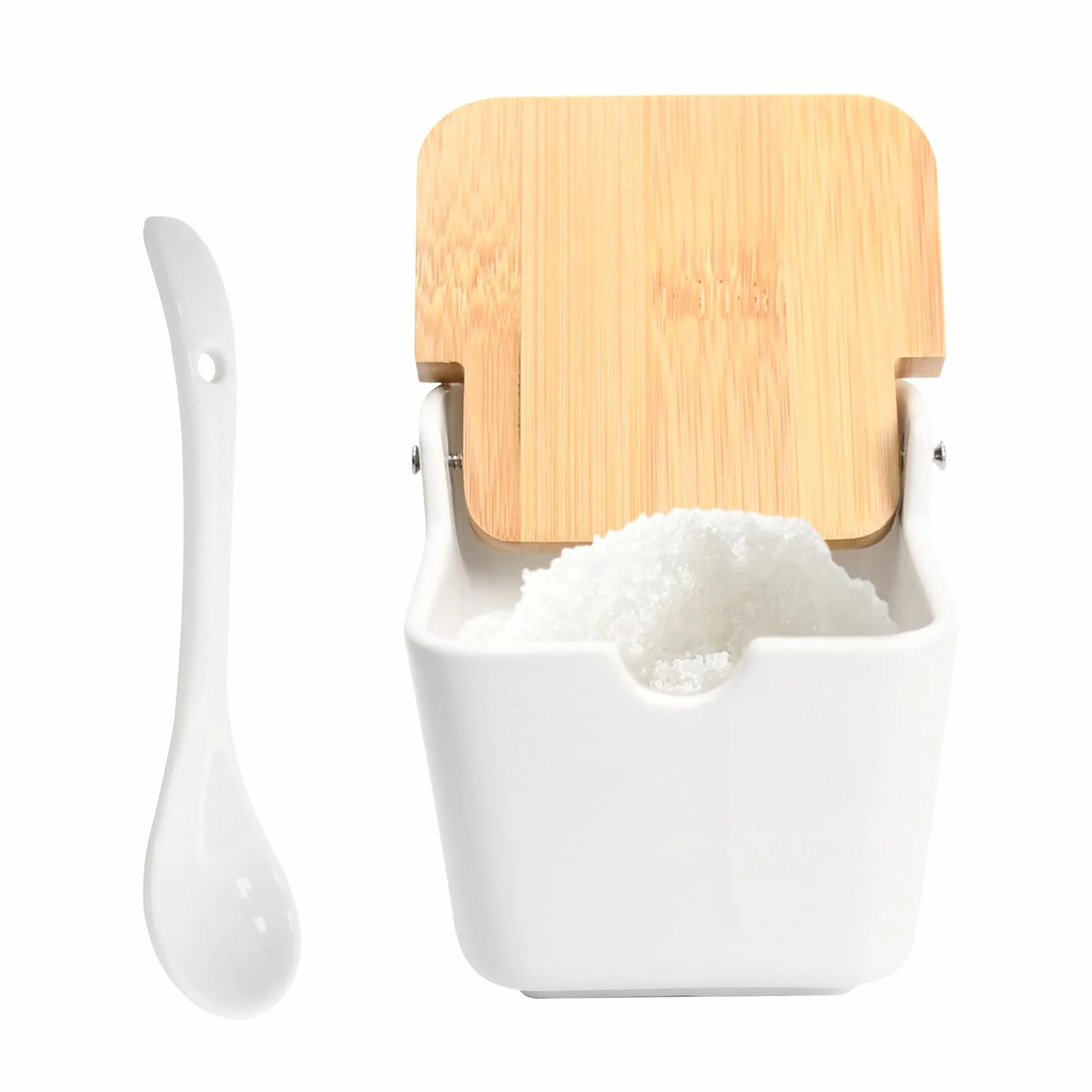 Cukiernica z pokrywką i łyżeczką z ceramiki – wysiewacz soli z pokrywką, 250 ml pojemnik na cukier, przyprawy, do kuchni, biały, 9 x 9,5 x 9,5 cm