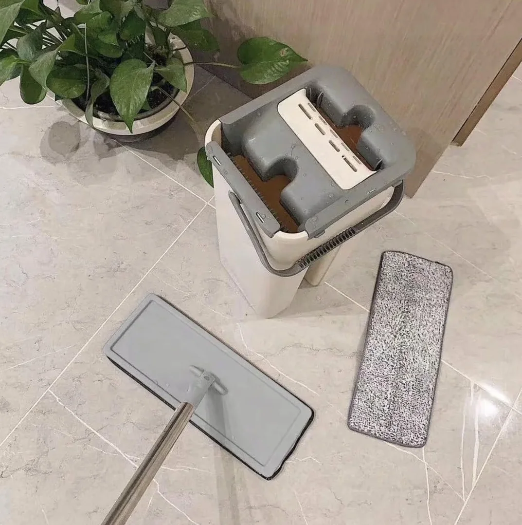 Mop Płaski 33 cm z Dwukomorowym Wiadrem, Zestaw do Mycia Podłóg, 2 Wkłady Mikrofibrowe