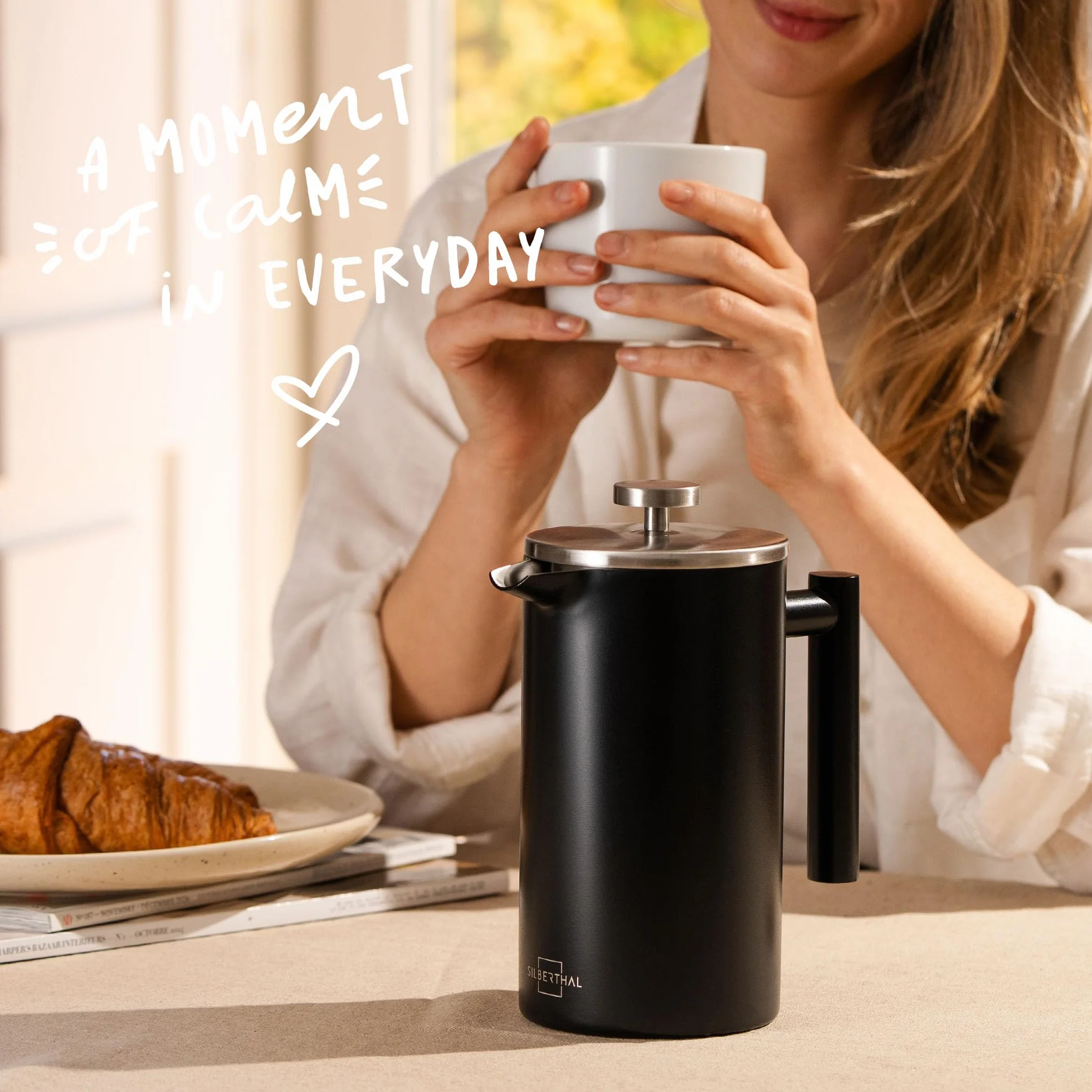 SILBERTHAL French Press Coffee Cafetiere 1L 8 filiżanek - 100% stal nierdzewna - izolacja próżniowa z podwójnymi ściankami - czarna