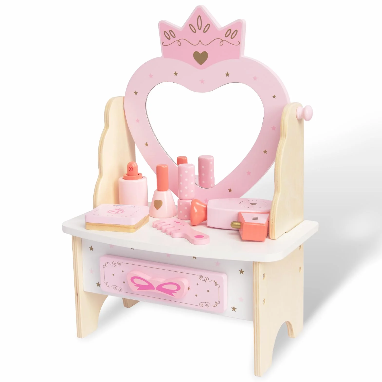 WOODENFUN Drewniana toaletka dla dziewczynek z akrylową szufladą i lustrem 360° 7 sztuk różowa