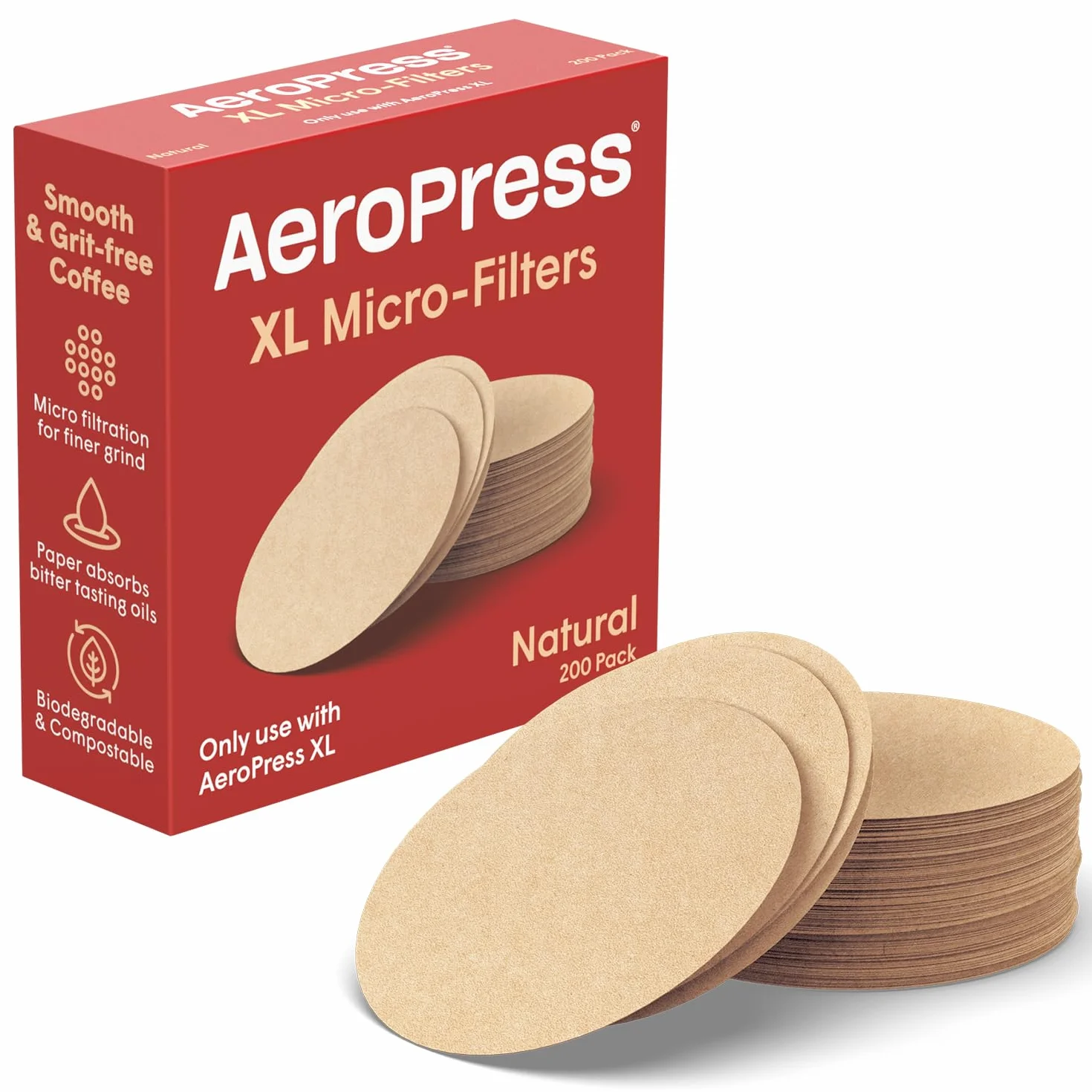 AeroPress XL Naturalne papierowe mikrofiltry do ekspresu - Okrągłe filtry do kawy na wymianę, niebielone, kompostowalne, pasują do ekspresów AeroPress XL, 200 sztuk
