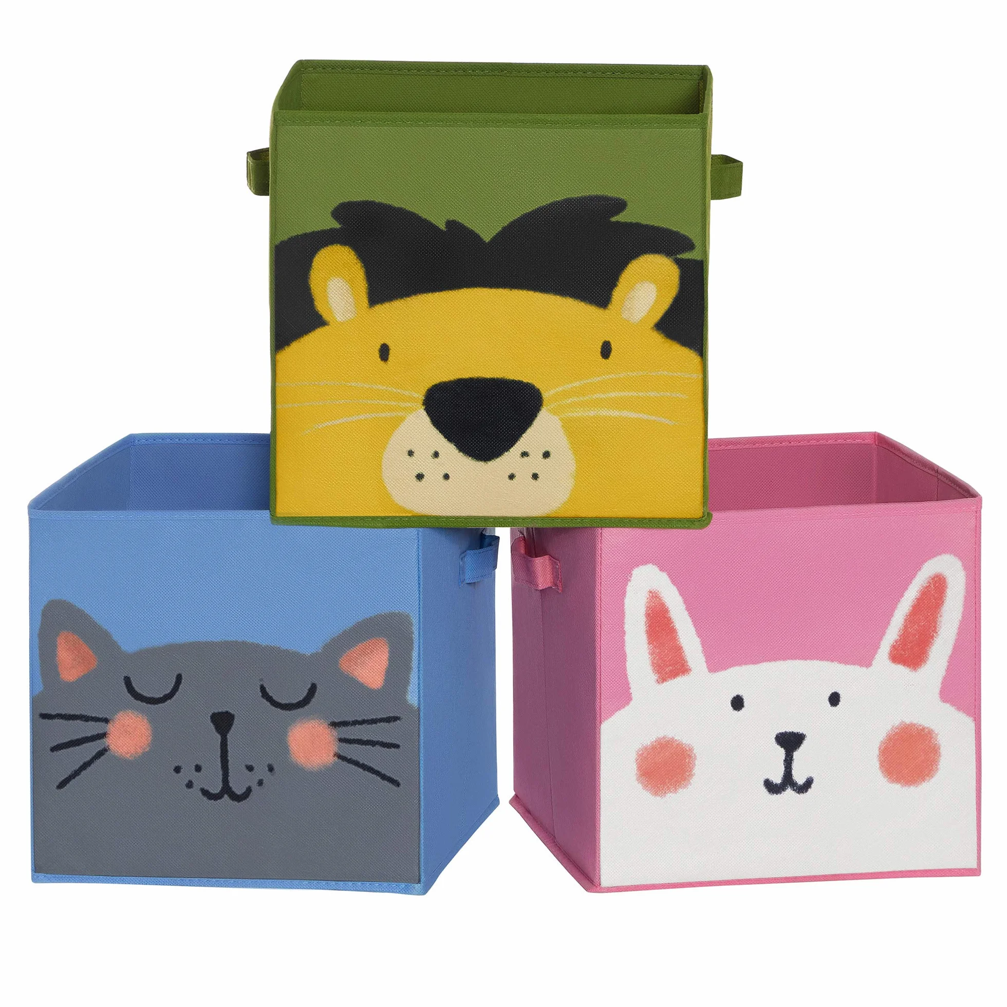 Songmics Pudełka do przechowywania składane 3 sztuk 30 x 30 x 30 cm motyw zwierzęcy niebiesko-zielono-różowe