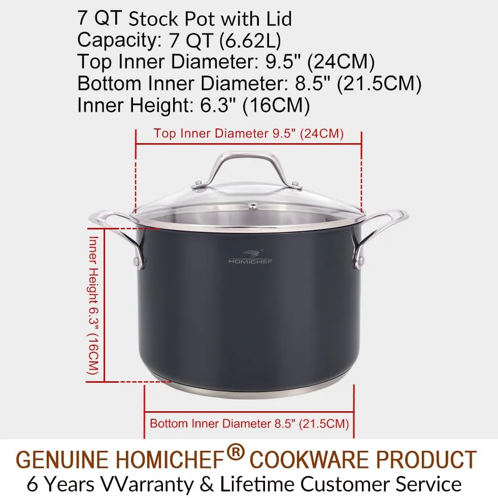 HOMICHEF Granatowo-szary, bez niklu garnek ze stali nierdzewnej, 6,6 l, nietoksyczny, niepowlekany, indukcja 24 cm, ze szklaną pokrywką, zdrowy garnek do zupy z uchwytem