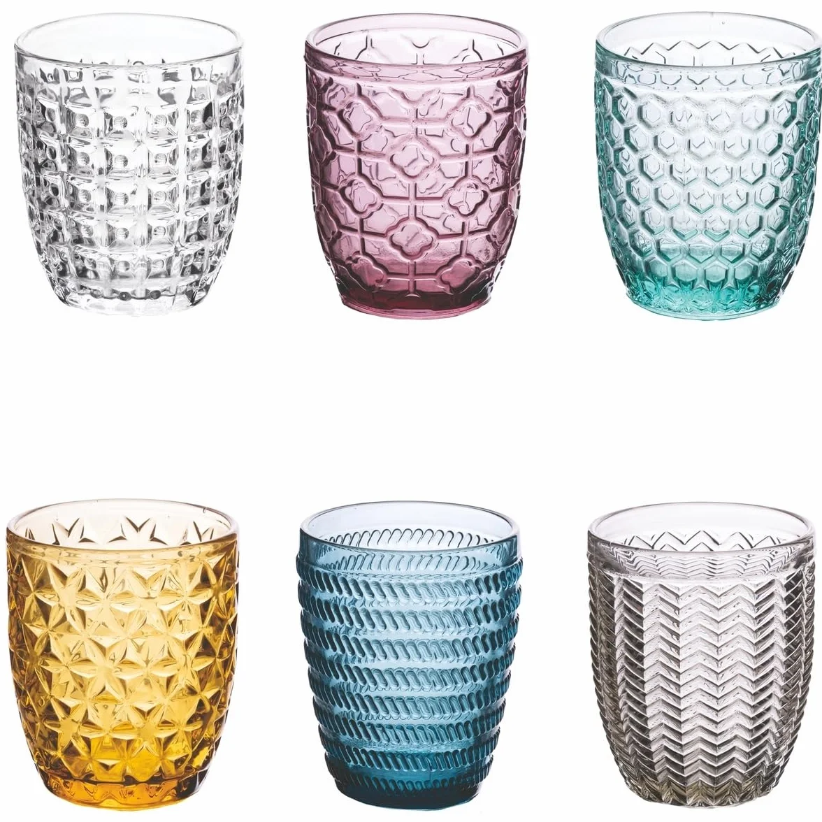Villa d'Este Home Tivoli Geometria Zestaw kolorowych szklanek na wodę z tłoczonym tłoczeniem, 300 ml, wielokolorowy, 6 sztuk (1 szt.)