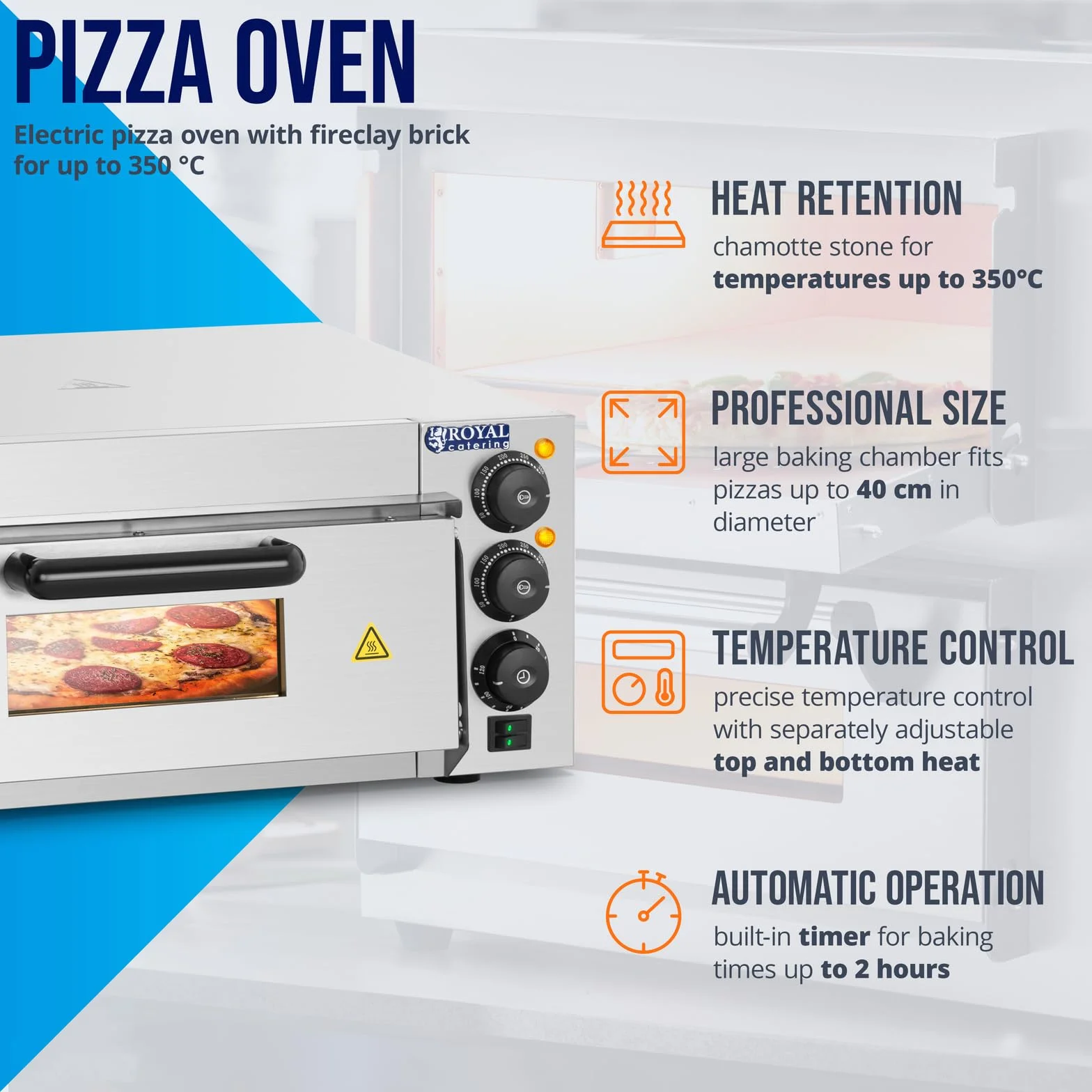 Royal Catering RCPO-2000-1PE piec do pizzy elektryczny 2000 W, 1 komora, piecyk do pizzy, piecyk szamotowy, dno szamotowe