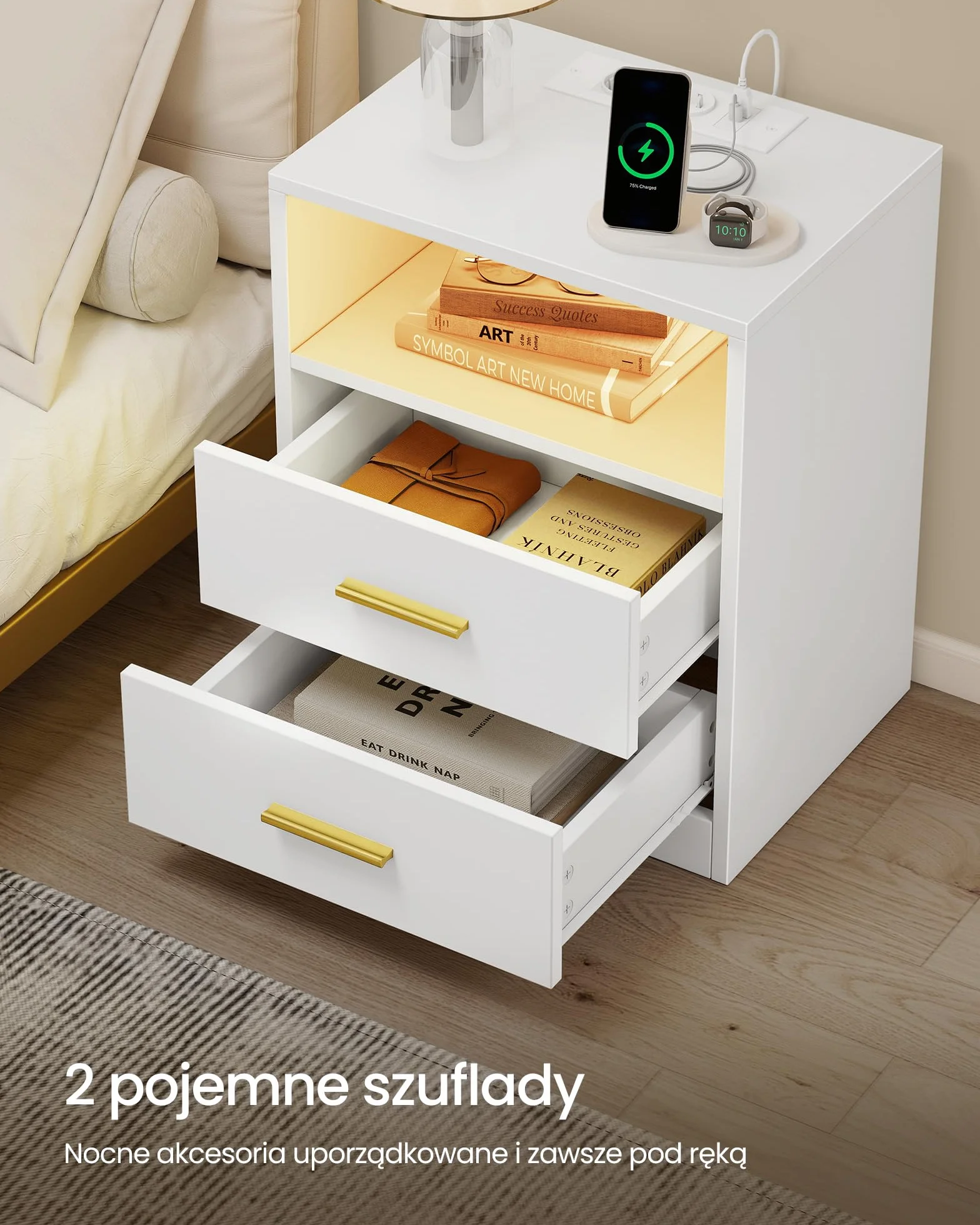 VASAGLE Kolekcja CUSTOS – stolik nocny ze stacją ładującą, zestaw 2 szt., oświetlenie LED, stolik boczny, nowoczesny, z szufladami, 2 gniazdkami sieciowymi i portami USB, kolor Cloud White LET829WB01