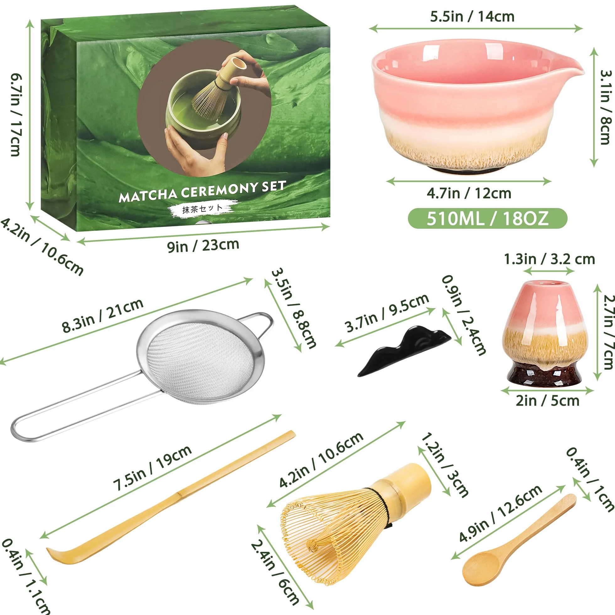 Zestaw Matcha dla początkujących, 7-częściowy w tym: miska matchy, łyżeczka herbaty, sito, podstawka pod pędzel, stojak na pędzel, ręcznie robiony zestaw do matcha (różowy)