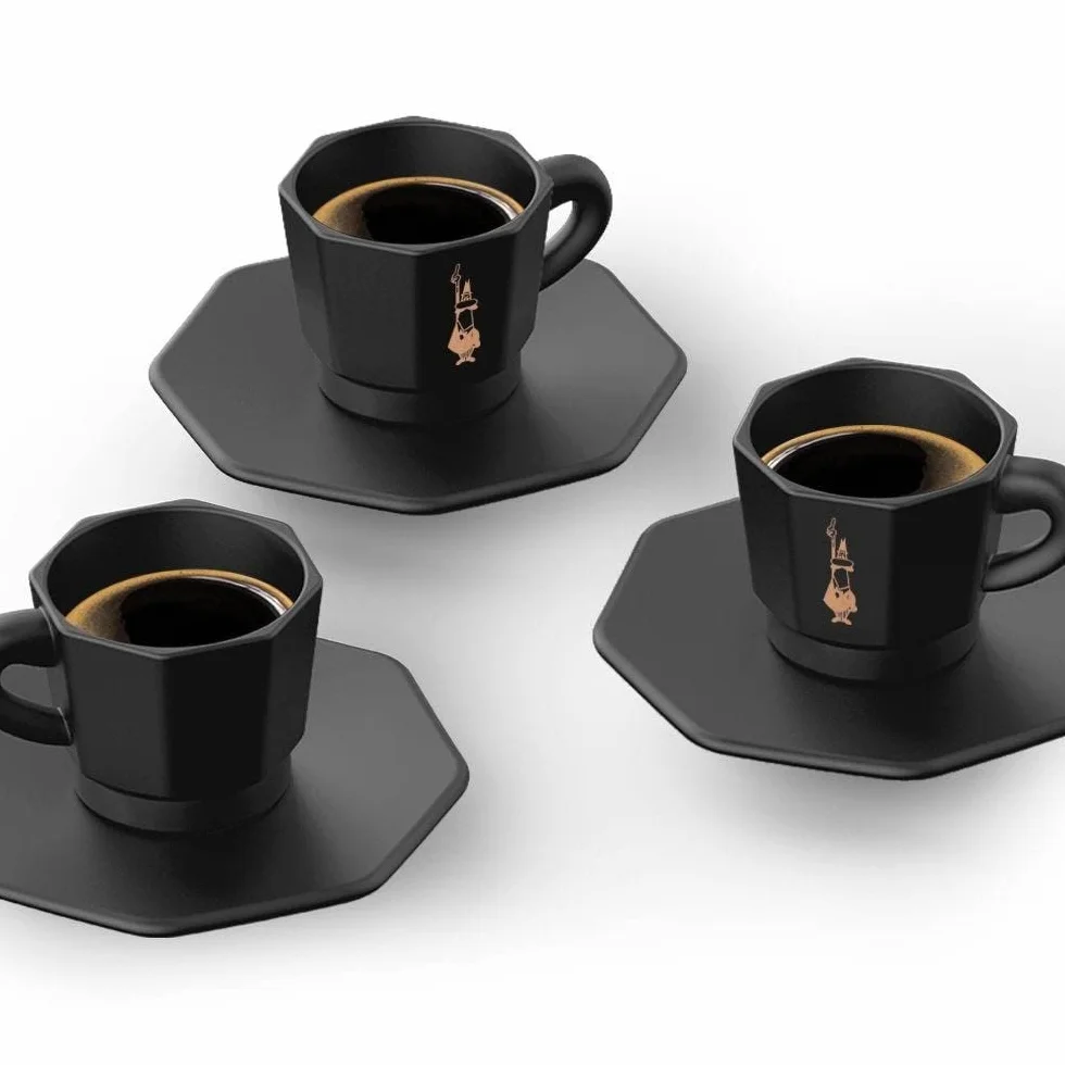 Bialetti Octagonal Cups, zestaw 4 filiżanek, matowe czarno-różowe złoto, 75 ml