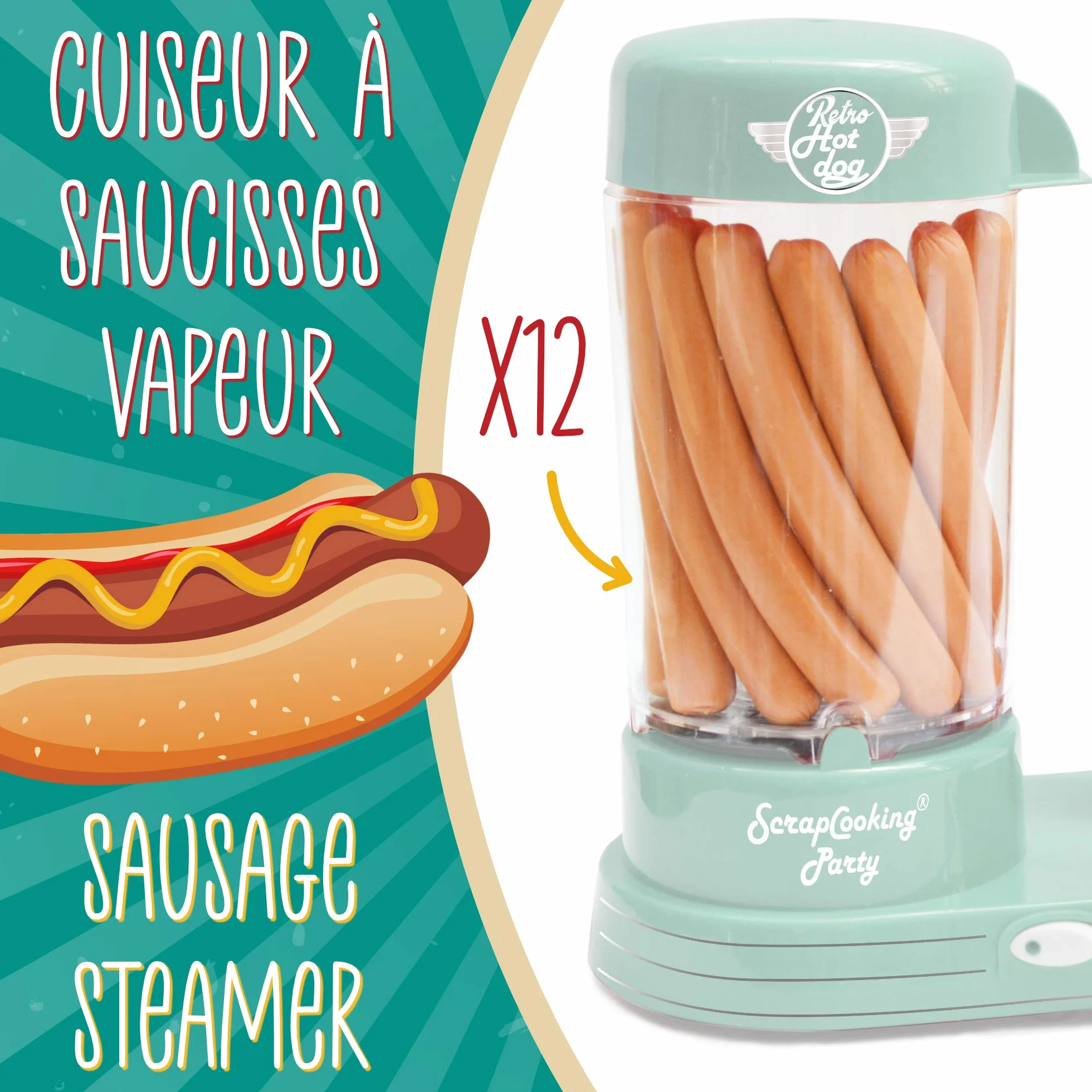 SCRAP COOKING 601 Hot Dogs maszyna na 12 kiełbasek i 2 chleba, styl retro, vintage, grillowanie, imprezy, karby, zielony, tworzywo sztuczne nadające się do kontaktu z żywnością, biała