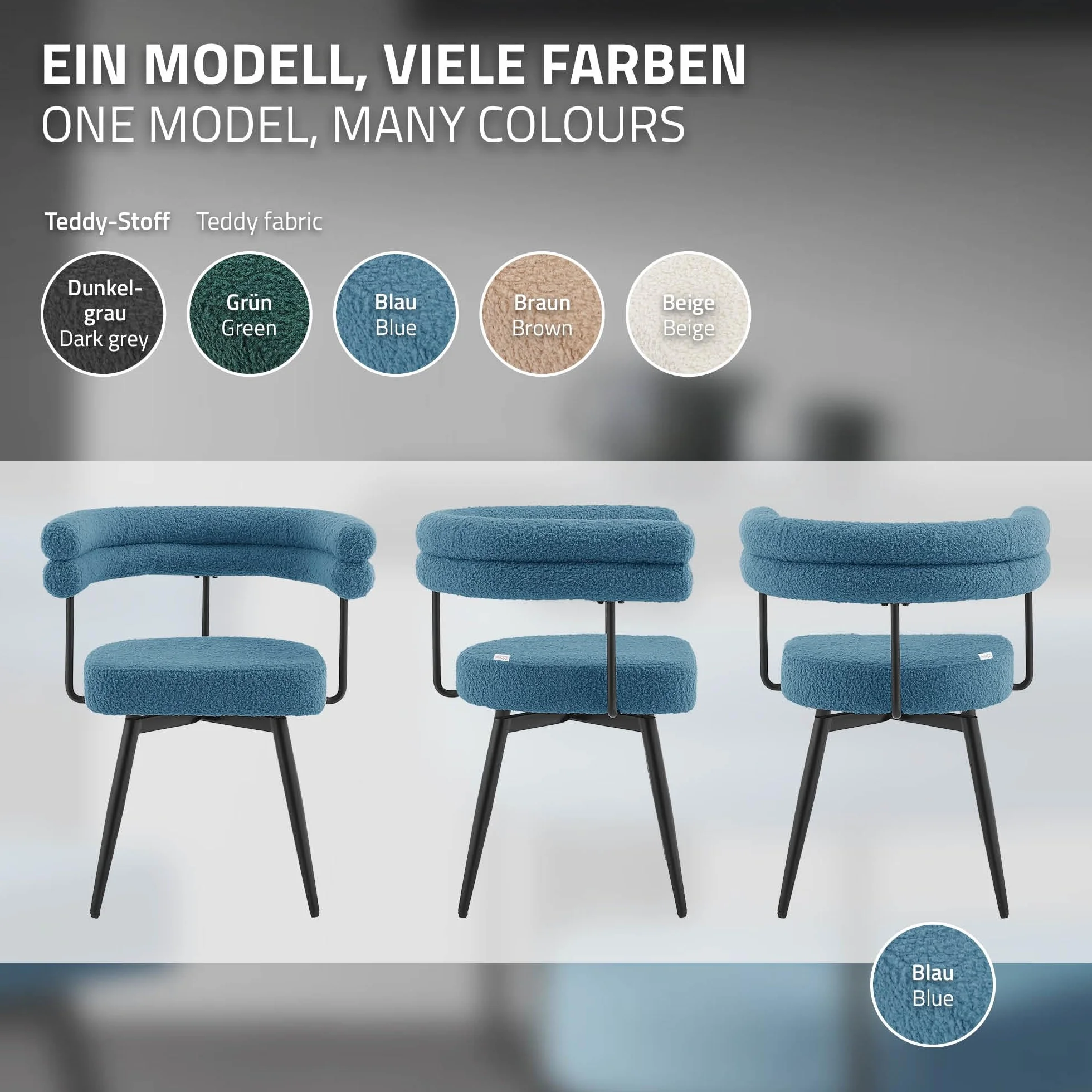 ML-Design Krzesla do salonu i jadalni obrotowe 360 stopni zestaw 4 szt niebieski Teddy tapicerowane z podlokietnikami ergonomiczne metalowe nogi komfortowe siedzisko do stolu kuchni styl nowoczesny