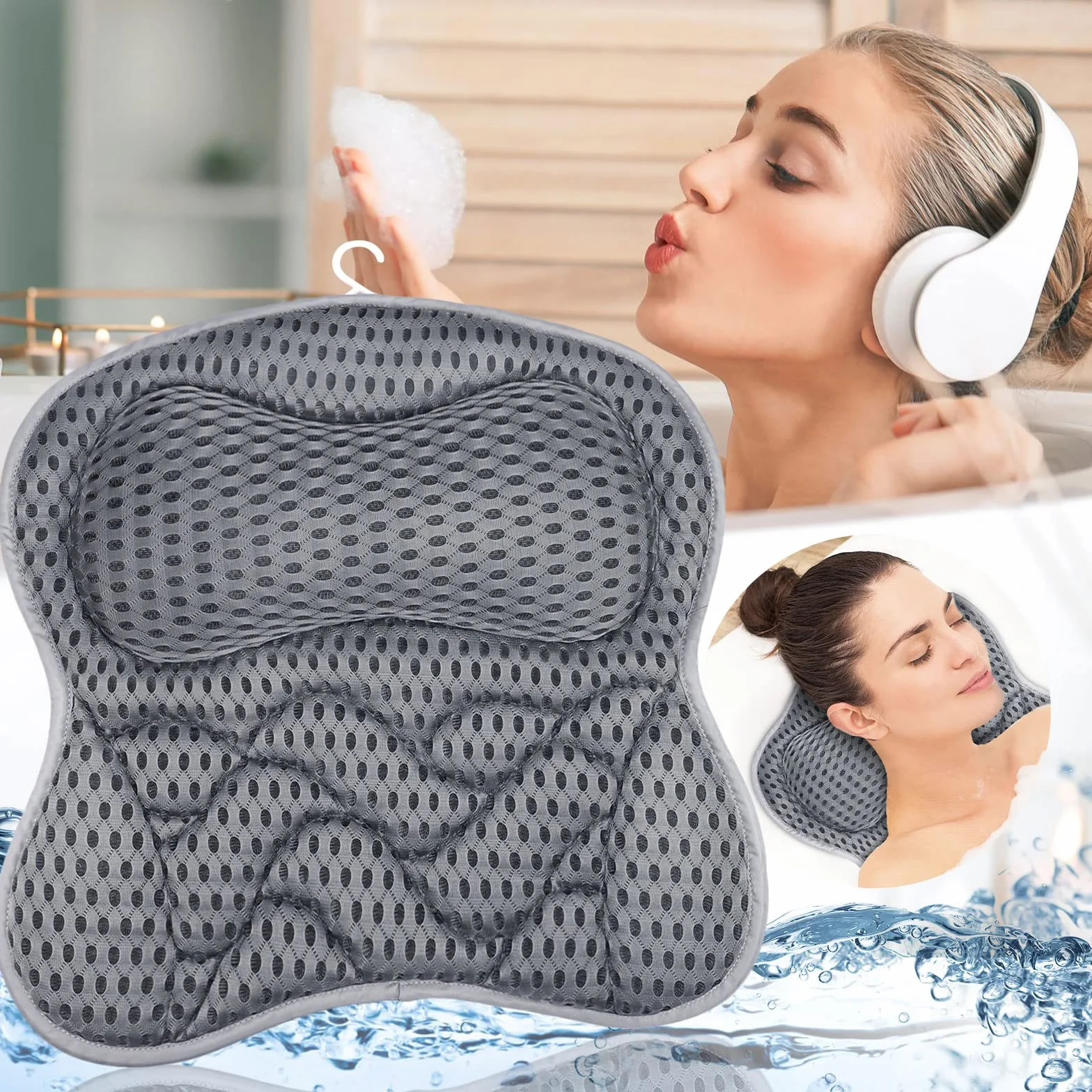 Poduszka do wanny Frasheng z przyssawkami, poduszka do wanny Oddychająca siatka powietrzna 4D, poduszka do kąpieli na relaks szyi i pleców, ergonomiczna poduszka do wanny na szyję, poduszka do kąpieli spa, szara