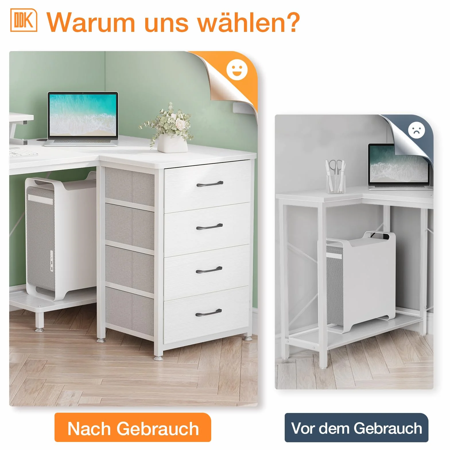 ODK Biurko narożne w kształcie litery L z 4 szufladami, dwustronne, z 2 przyłączami do ładowania USB i 2 gniazdami, z półką na monitor do domowego biura, 140 x 80 x 84,7 cm, białe