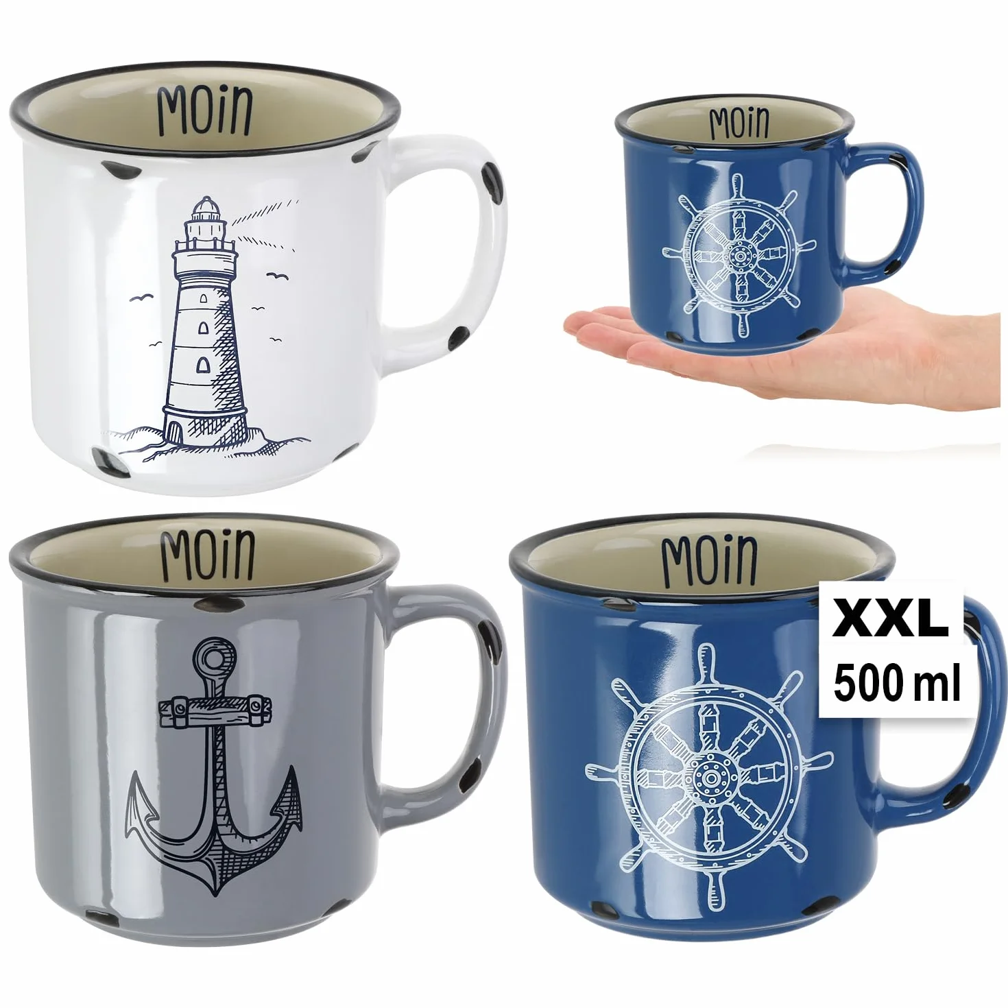 Porcelanowy kubek do kawy XXL 500 ml 3 sztuki biały niebieski szary
