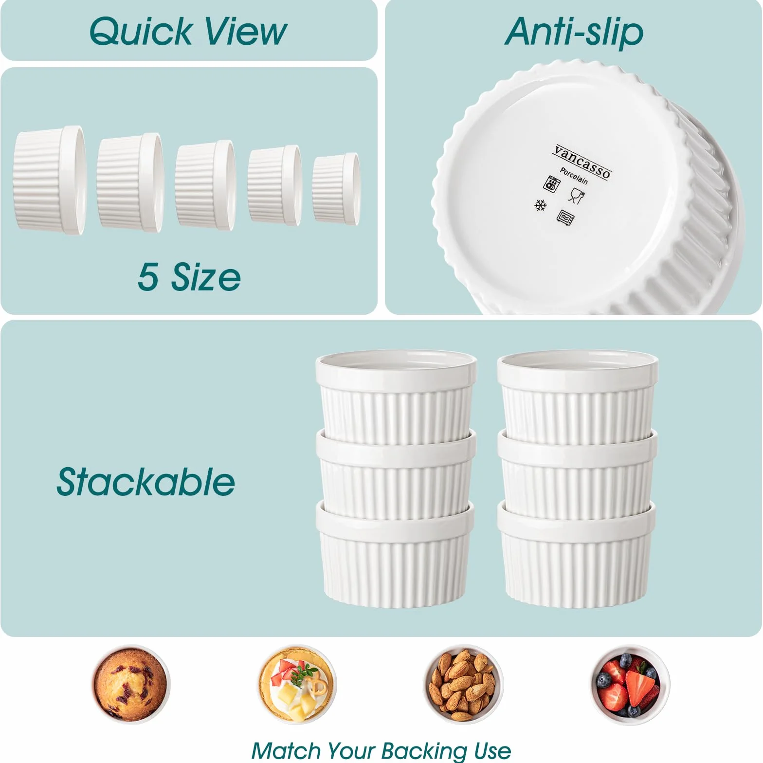 vancasso Ramekins 113 g, zestaw 6 naczyń do sufletu, biała porcelana, kremowe ramekiny, kubki do pieczenia pudddingu, owoców, dipów, zmywarki i piekarnika